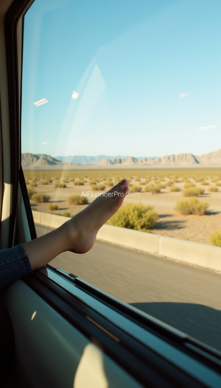a womens foot is hanging out of the window on the passenger side of the car as it drives through a desert highway. style: 35mm camera film