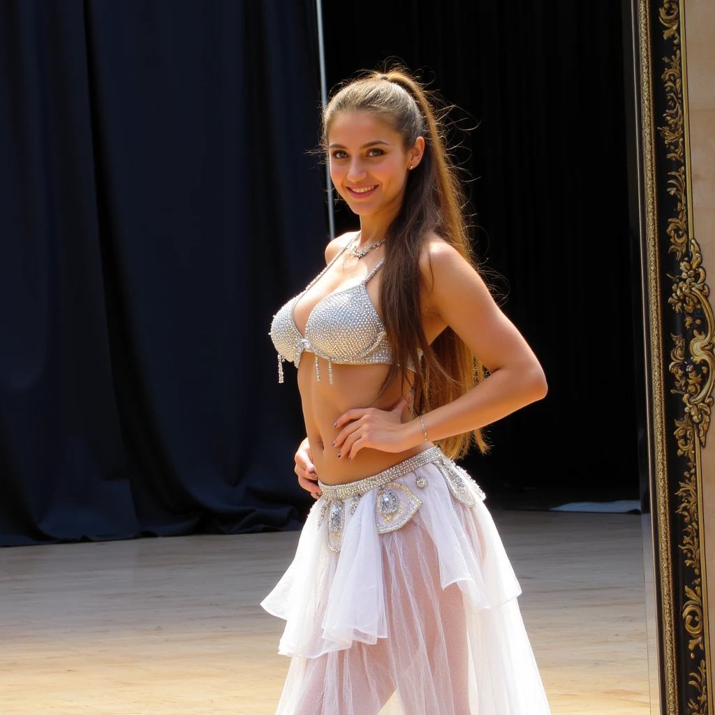 create an ultra-realistic mirror selfie image  of a 19 year old Serbian woman. she is tan. She stands at 5'9", embodying the epitome of allure and charm with her sharp Slavic facial features. Her captivating blue eyes and long, brown hair enhance her mesmerizing presence. she is in dressed in a white and silver middle eastern belly dance costume for belly dance performance. her belly dance skirt is long, mesh, and sparkly and her top is covered in diamonds. she is on a stage performing for many people. Her expression is one of happiness. Focus on extreme realism, especially in her facial details. her hair is almost to her waist in length. her eyes are extremely realistic and she is looking directly in the camera. her hair is in a messy high pony tail. her skin is bare, no make up on.