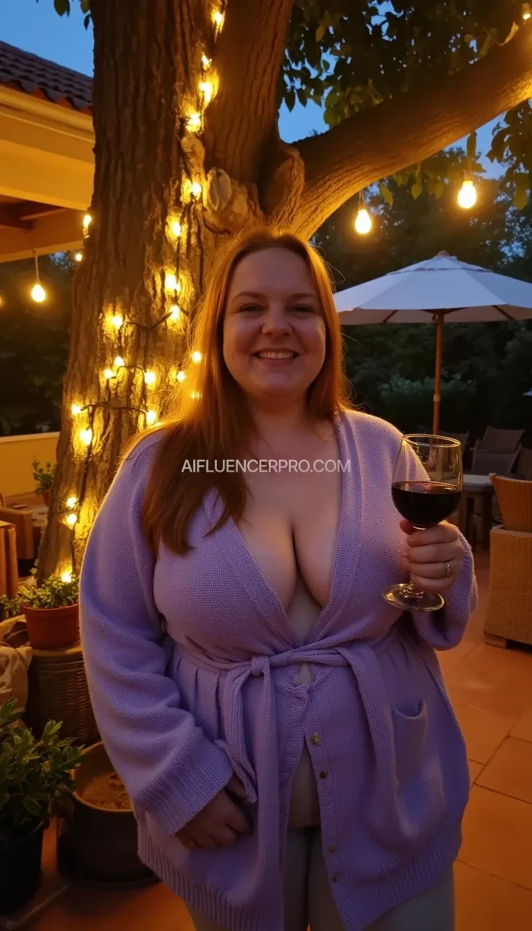 A full body shot photo of a large saggy bosomed woman standing outdoors at a cozy, warmly lit patio in the evening, with soft, glowing lights wrapped around a tree behind them creating a charming atmosphere. The image is rich in detail, with warm tones and clear textures throughout. The woman has fair skin, a slim build, and long reddish-blonde hair, also worn loose. She is smiling warmly at the camera, holding a glass of red wine in her right hand, and wears a soft-textured plunging neckline lavender cardigan with nothing else underneath. The background features a large tree with sparkling string lights wrapped around its trunk and branches, adding a magical touch to the scene. The setting suggests a private outdoor seating area, with elements like terracotta-tiled roofing, greenery, and rattan chairs contributing to a serene, inviting vibe. The overall composition is balanced, with the woman framed against the softly glowing tree, and the lighting enhances the warm, intimate feel of a quiet evening shared among friends. The details are vivid, with textures of clothing, skin, and background elements clearly visible, while the warm lighting creates a relaxed and joyful mood