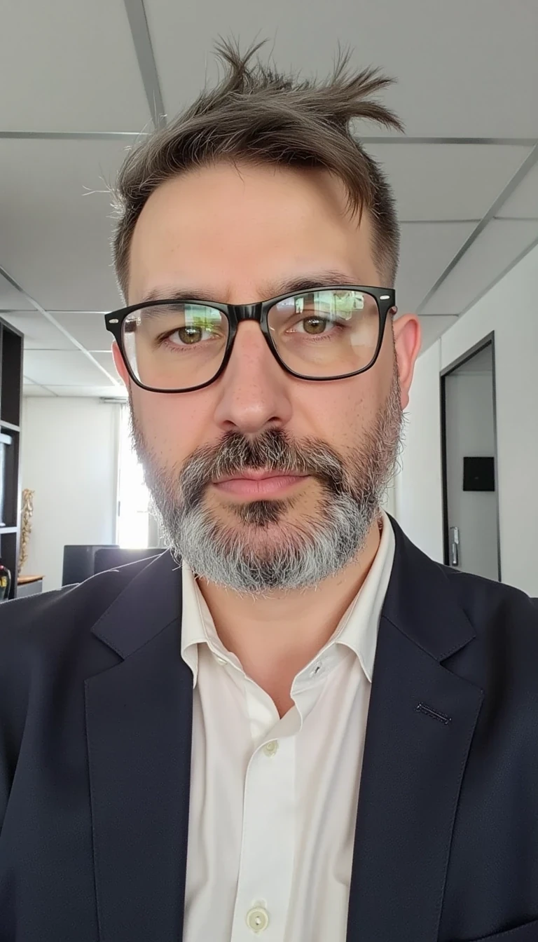 The face are not similar to the model i train... make him more realistic and similar. Businessman, He is wearing a suit and modern Ray-Ban reading glasses. Slim but muscular build. He is facing the camera directly, as if posing for a LinkedIn profile picture. He looks like a CEO of a huge corporation with tshirt open. The image is full torso (including shoulders).