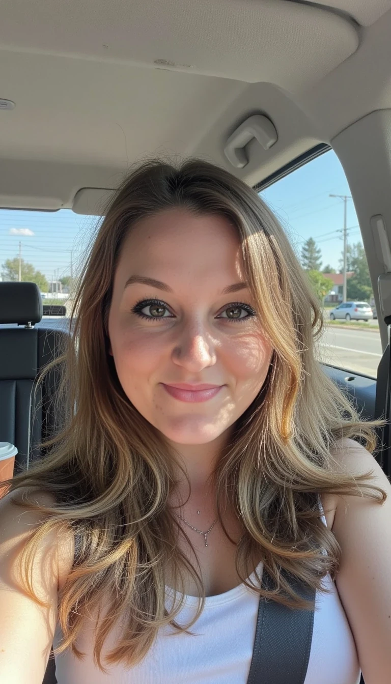 CSTMDL,  boring low quality snapchat photo circa 2015, A young woman with a warm smile, sitting in the driver's seat of a cozy car. She has soft, wavy brown hair cascading past her shoulders. The sunlight streams through the window, casting a gentle glow on her face. The interior of the car is neat and comfortable, with a coffee cup in the cup holder and a small plant on the dashboard. The background outside the window shows a scenic road lined with trees and blue skies