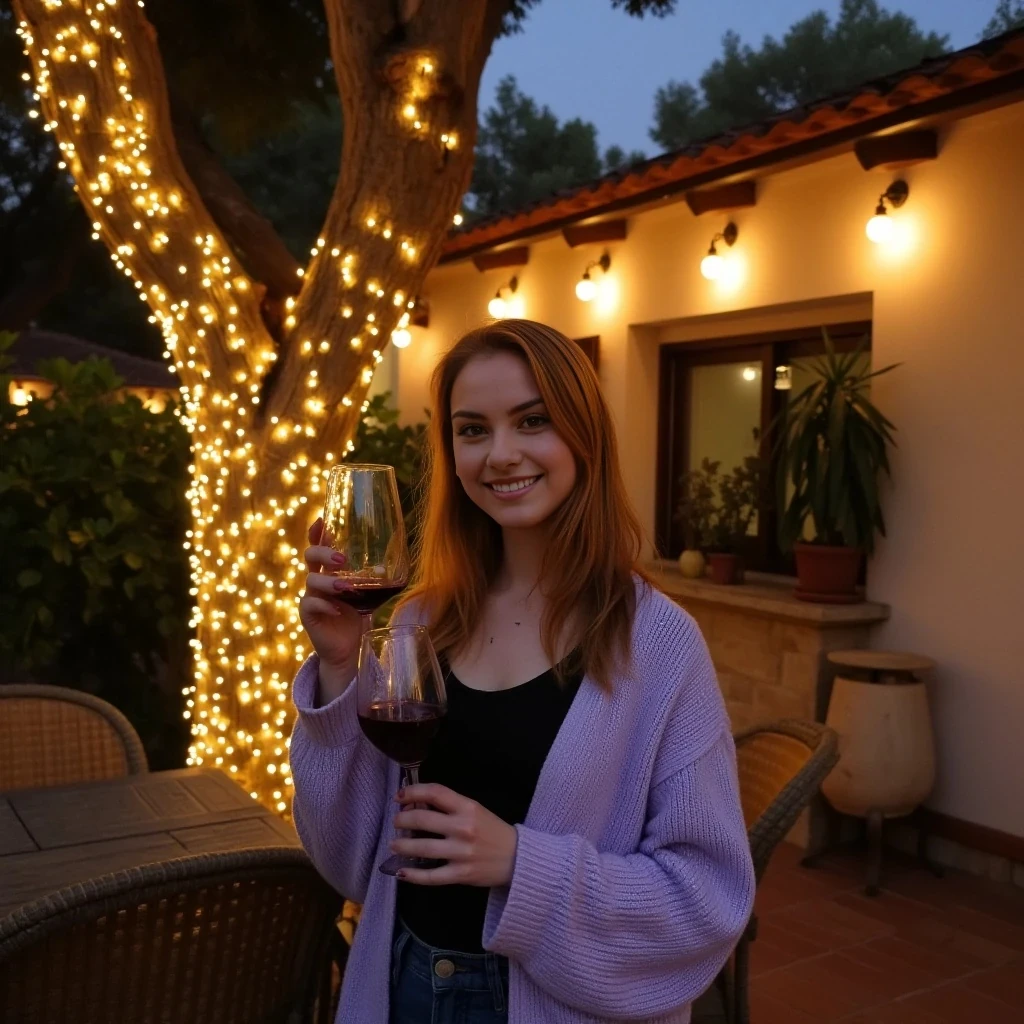 A full body shot photo of a woman standing outdoors at a cozy, warmly lit patio in the evening, with soft, glowing lights wrapped around a tree behind them creating a charming atmosphere. The image is rich in detail, with warm tones and clear textures throughout. The woman has fair skin, a slim build, and long reddish-blonde hair, also worn loose. She is smiling warmly at the camera, holding a glass of red wine in her right hand, and wears a soft-textured lavender cardigan over a black top. The background features a large tree with sparkling string lights wrapped around its trunk and branches, adding a magical touch to the scene. The setting suggests a private outdoor seating area, with elements like terracotta-tiled roofing, greenery, and rattan chairs contributing to a serene, inviting vibe. The overall composition is balanced, with the woman framed against the softly glowing tree, and the lighting enhances the warm, intimate feel of a quiet evening shared among friends. The details are vivid, with textures of clothing, skin, and background elements clearly visible, while the warm lighting creates a relaxed and joyful mood