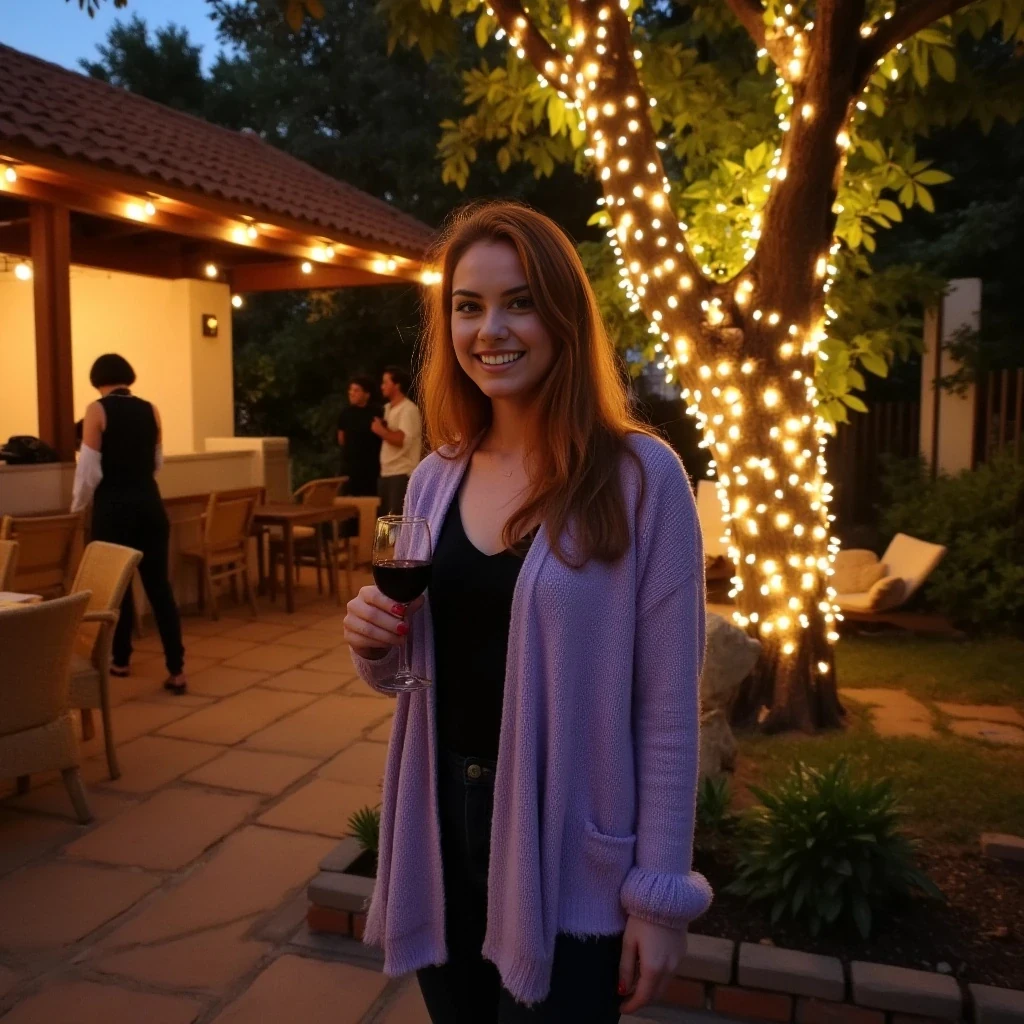 A full body shot photo of a woman standing outdoors at a cozy, warmly lit patio in the evening, with soft, glowing lights wrapped around a tree behind them creating a charming atmosphere. The image is rich in detail, with warm tones and clear textures throughout. The woman has fair skin, a slim build, and long reddish-blonde hair, also worn loose. She is smiling warmly at the camera, holding a glass of red wine in her right hand, and wears a soft-textured lavender cardigan over a black top. The background features a large tree with sparkling string lights wrapped around its trunk and branches, adding a magical touch to the scene. The setting suggests a private outdoor seating area, with elements like terracotta-tiled roofing, greenery, and rattan chairs contributing to a serene, inviting vibe. The overall composition is balanced, with the woman framed against the softly glowing tree, and the lighting enhances the warm, intimate feel of a quiet evening shared among friends. The details are vivid, with textures of clothing, skin, and background elements clearly visible, while the warm lighting creates a relaxed and joyful mood