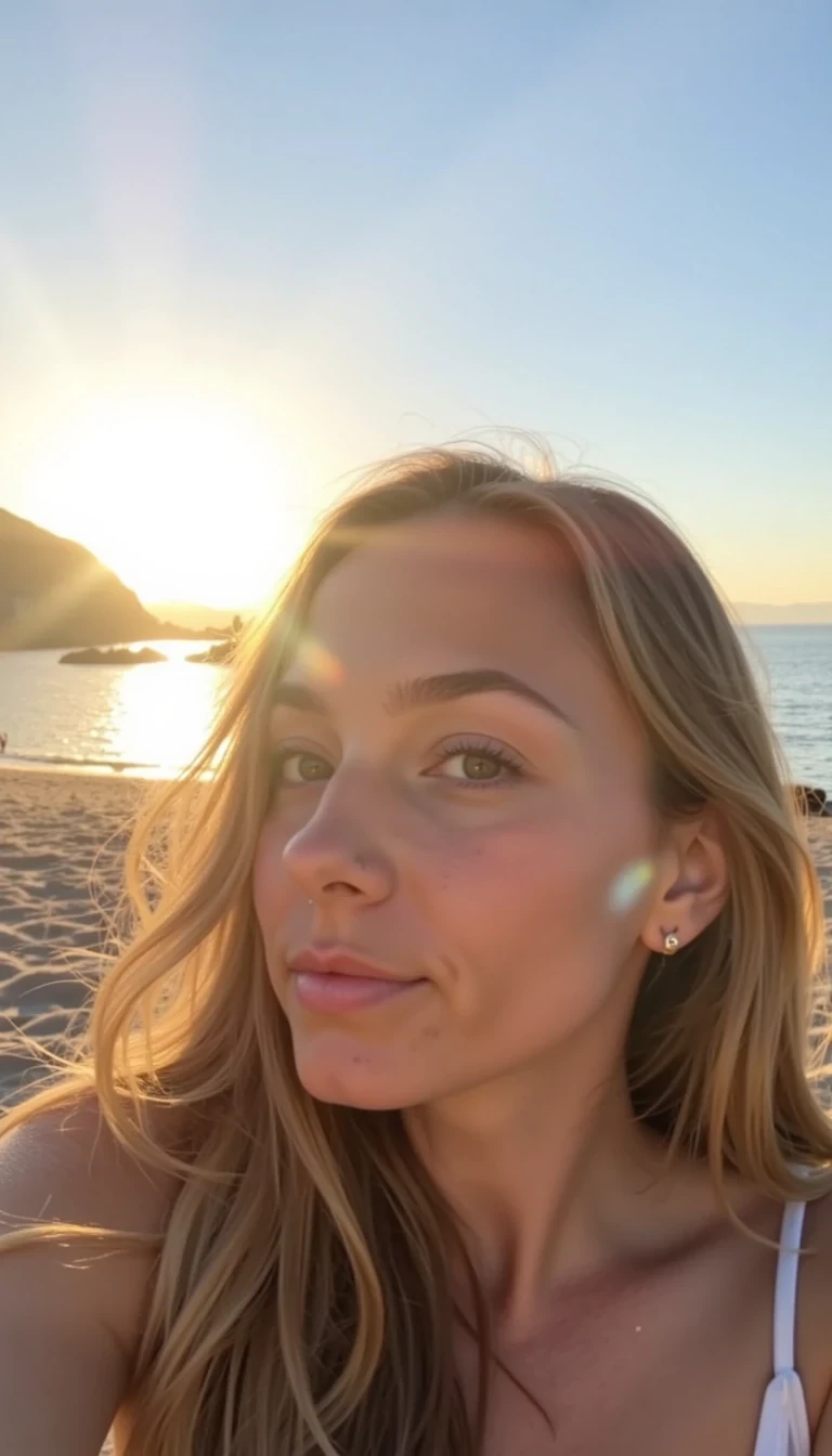 boring low quality snapchat photo circa 2015 of CSTMDL in a long range shot take 1 meters away from her. She has natural looking skin with visible paws on her face with a low quality photo while she’s laying on the beach like a professional influencer would pose. The sun is out and it’s golden hour with a stunning view in the distance. There are people playing football behind her but not too close, the water looks warm and enjoyable while she lays back and takes in the breathtaking scenery 