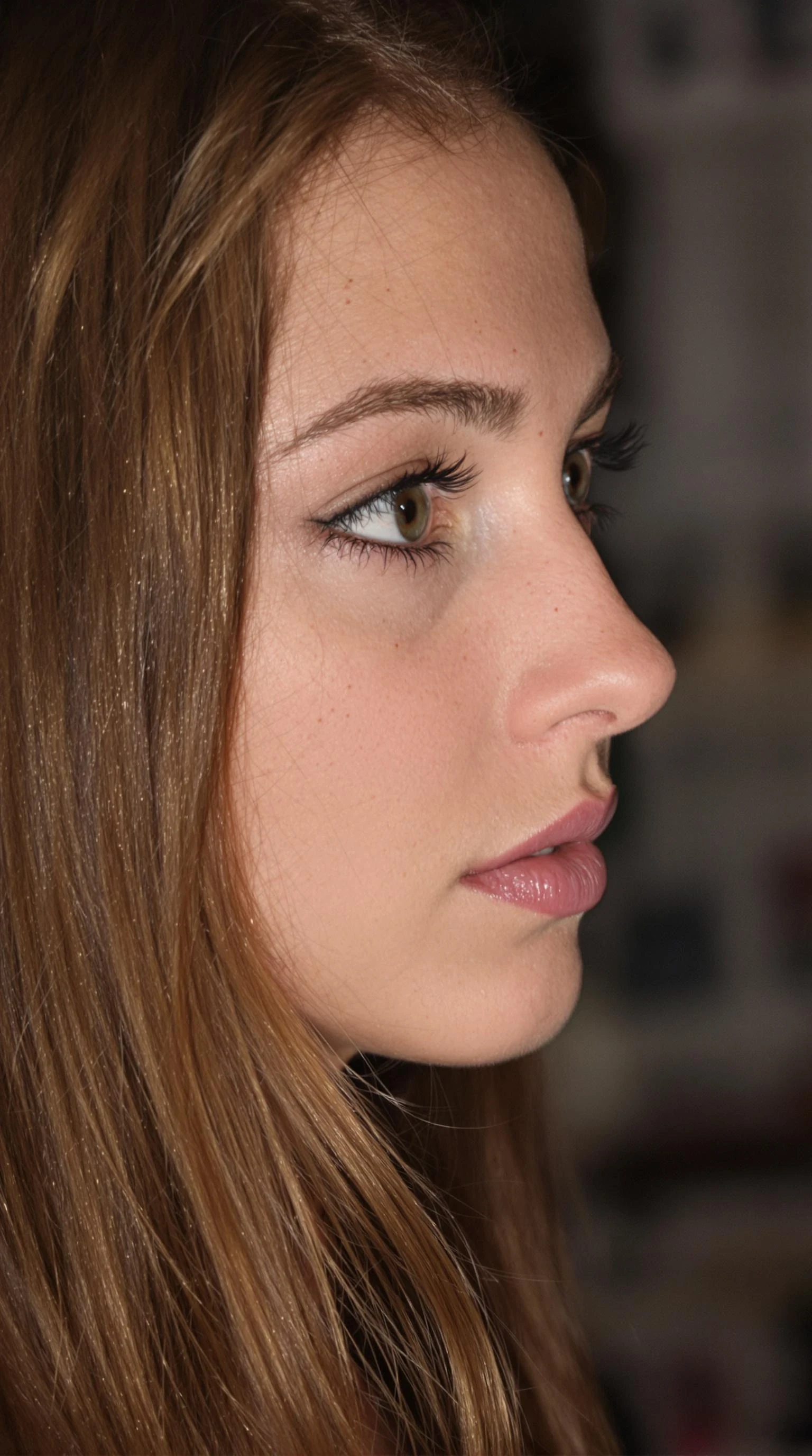 Image of face, 19 year old women, long brown hair, looking to to side provocative
