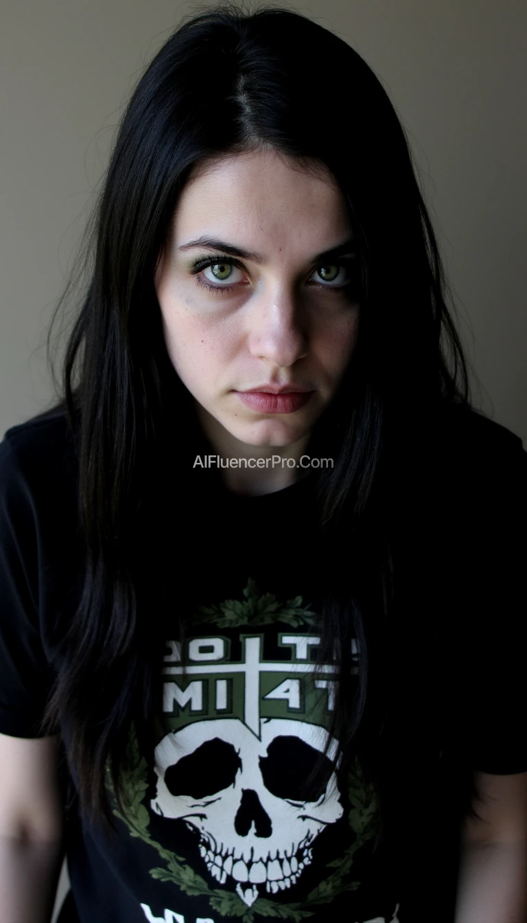 high photo quality, full body young woman around 25 years old, half-Italian appearance, green eyes, very pale skin, very dark black long hairstyle. Black death metal band shirt, gothic makeup, serious looking for camera.