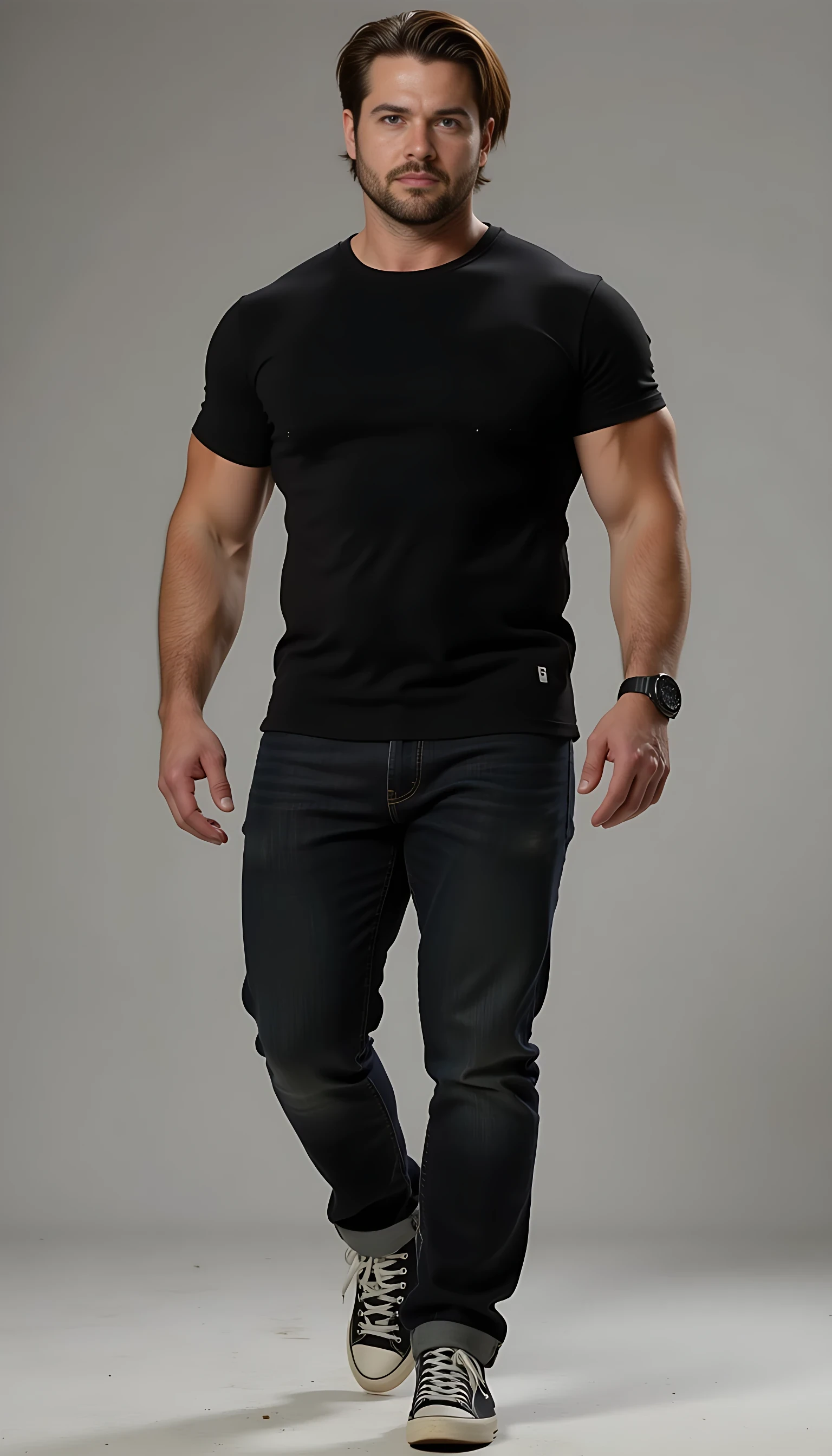 Create a character who exudes a commanding yet effortlessly relaxed presence. He is a tall, imposing figure standing at approximately 6'3" and weighing around 250 pounds of lean, well-defined muscle. His physique is powerful, with broad shoulders and muscular arms that are accentuated by a fitted black T-shirt. His dark denim jeans hug his thighs, emphasizing his strong, athletic build, and he wears casual tennis shoes that ground his look in an approachable, laid-back style.
His dark brown hair is styled with a modern edge: trimmed shorter on the sides, with longer, tousled strands on top that fall in an intentionally unkempt, "just rolled out of bed" manner, giving him a rugged yet effortlessly attractive appearance. His face is striking, with a straight nose and a chiseled, smooth jawline that occasionally twitches with a subtle tic, hinting at an underlying intensity or restlessness. His most captivating feature is his emerald eyes, so dark they seem to hold secrets, drawing attention with their depth and intensity.
He moves with a confident, unhurried ease, as if he has all the time in the world to reach his destination, exuding a sense of self-assuredness and control. His overall demeanor suggests a blend of strength, mystery, and casual charm, with an air of someone who is both approachable and enigmatic, leaving others curious about the story behind his piercing gaze and relaxed stride.