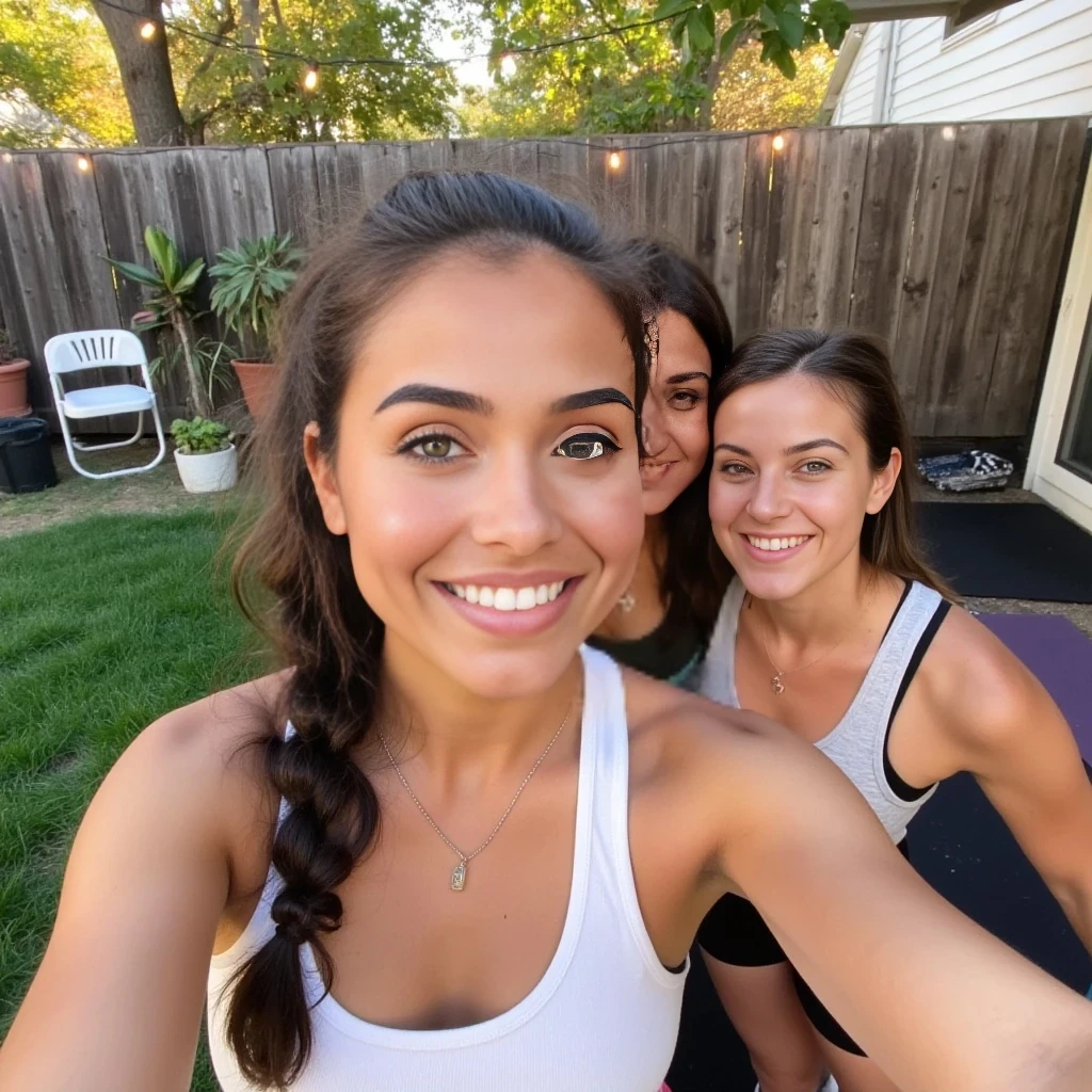 boring low quality snapchat photo circa 2015, A candid front-facing Snapchat selfie taken outdoors in a cozy backyard during golden hour. The photo features a stunning young woman in her early 20s with a soft heart-shaped face, almond-shaped green eyes, full rose-pink lips, and long wavy chocolate brunette hair pulled back into a relaxed ponytail. Her lightly tanned skin glows with a natural warmth, and she’s smiling confidently — relaxed, playful, and emotionally open.

She holds the phone slightly overhead for a selfie, angled to capture herself and two close brunette friends beside her. One has rich, straight dark brown hair in a loose braid and olive-toned skin; the other has wavy chestnut hair in a messy half-up style and soft hazel eyes. All three wear sporty or lounge-inspired outfits — fitted leggings, tank tops, or cropped tees in neutral tones — styled casually like they’ve just been hanging out or stretching after a backyard workout.

The background features a wooden fence, potted plants, and string lights softly glowing above them. A folding chair and a yoga mat are slightly visible behind them. The image includes a faint Snapchat timestamp and a playful Bitmoji caption overlay in the corner, keeping the authentic 2015 selfie aesthetic.

Use natural facial expressions, realistic body proportions, clear outdoor lighting, distinct faces and hair textures, and a relaxed vibe. Avoid distortion, exaggeration, or blending.
