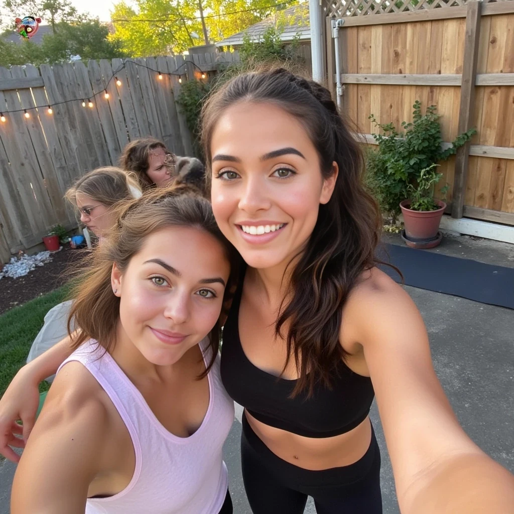 boring low quality snapchat photo circa 2015, A candid front-facing Snapchat selfie taken outdoors in a cozy backyard during golden hour. The photo features a stunning young woman in her early 20s with a soft heart-shaped face, almond-shaped green eyes, full rose-pink lips, and long wavy chocolate brunette hair pulled back into a relaxed ponytail. Her lightly tanned skin glows with a natural warmth, and she’s smiling confidently — relaxed, playful, and emotionally open.

She holds the phone slightly overhead for a selfie, angled to capture herself and two close brunette friends beside her. One has rich, straight dark brown hair in a loose braid and olive-toned skin; the other has wavy chestnut hair in a messy half-up style and soft hazel eyes. All three wear sporty or lounge-inspired outfits — fitted leggings, tank tops, or cropped tees in neutral tones — styled casually like they’ve just been hanging out or stretching after a backyard workout.

The background features a wooden fence, potted plants, and string lights softly glowing above them. A folding chair and a yoga mat are slightly visible behind them. The image includes a faint Snapchat timestamp and a playful Bitmoji caption overlay in the corner, keeping the authentic 2015 selfie aesthetic.

Use natural facial expressions, realistic body proportions, clear outdoor lighting, distinct faces and hair textures, and a relaxed vibe. Avoid distortion, exaggeration, or blending.