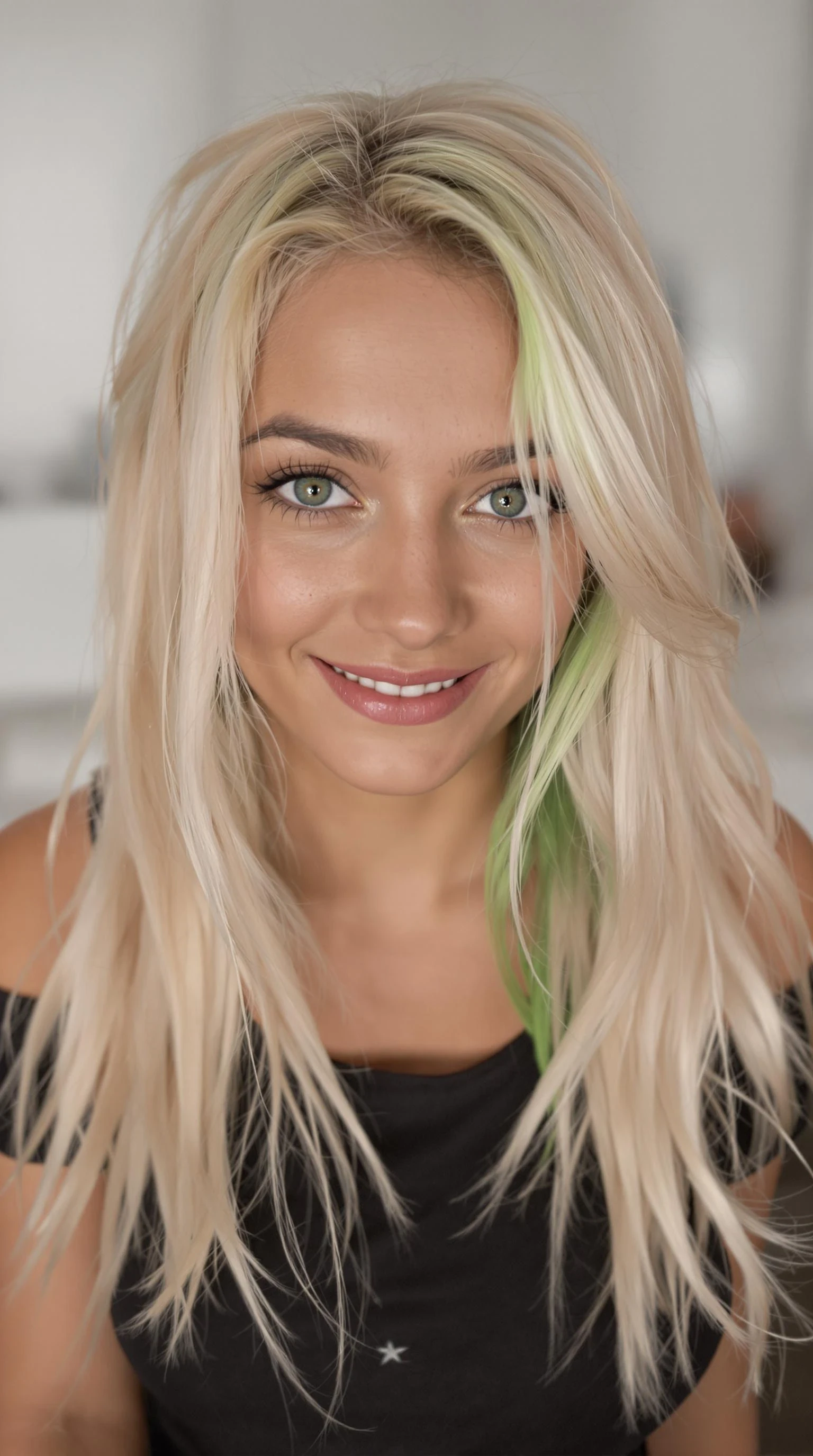 portrait of beautiful passionate petite young woman around 20years old looking to camera, beautiful big green eyes, platinum hair with little green shade, nice smile