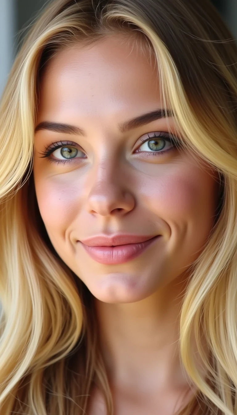 CSTMDL, ultra photorealistic close-up portrait of a stunning 23-year-old blonde woman with long slightly wavy blonde hair and piercing blue eyes, fair sun-kissed skin with natural glow, soft pink lipstick, playful flirty smile, cinematic warm lighting, RAW photo, unedited, DSLR 85mm lens, Instagram profile headshot, hyper-detailed, centered face, shallow depth of field background --exclude cartoon, anime, cgi, 3d render, illustration, painting, digital art, AI glow, plastic skin, doll-like, distorted face, blurry, watermark, text












