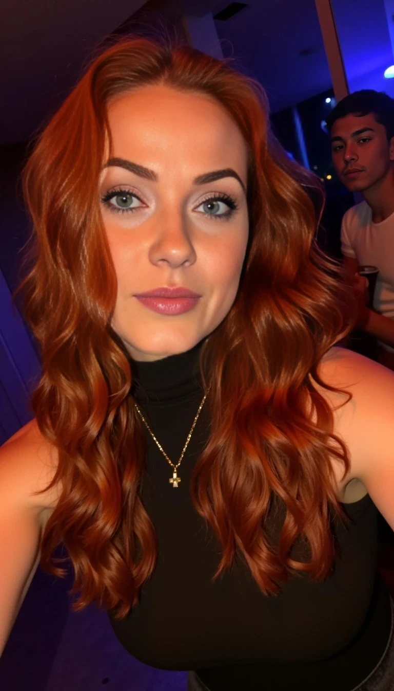 boring low quality snapchat photo circa 2015, woman model at techno party in berghain night club in berlin at night the woman model wears a black high neck tanktop. and ripped black jeans., a curvy and confident woman with full soft facial features, deep-set green eyes framed by long lashes, expressive brows, a heart-shaped face, full rosy lips, light freckles across cheeks, porcelain skin with a natural blush, long thick red hair with loose curls, parted to the side, subtle eyeliner and peach-toned makeup, inviting warm smile, photorealistic, golden hour lighting, natural glow, pin-up inspired but modern