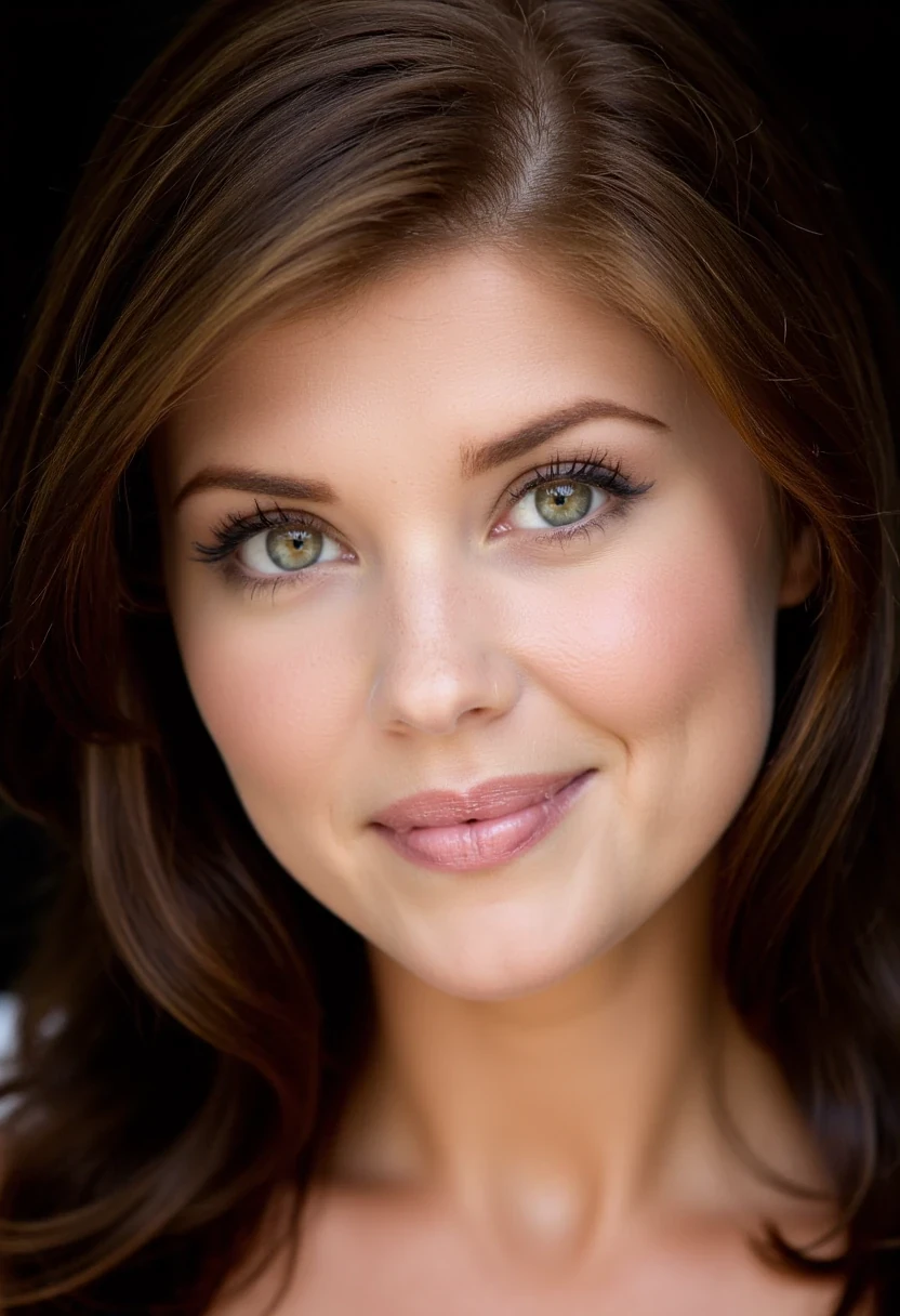 CSTMDL, blue eyed, brunette, close-up of her face, smile let show vampire canins
