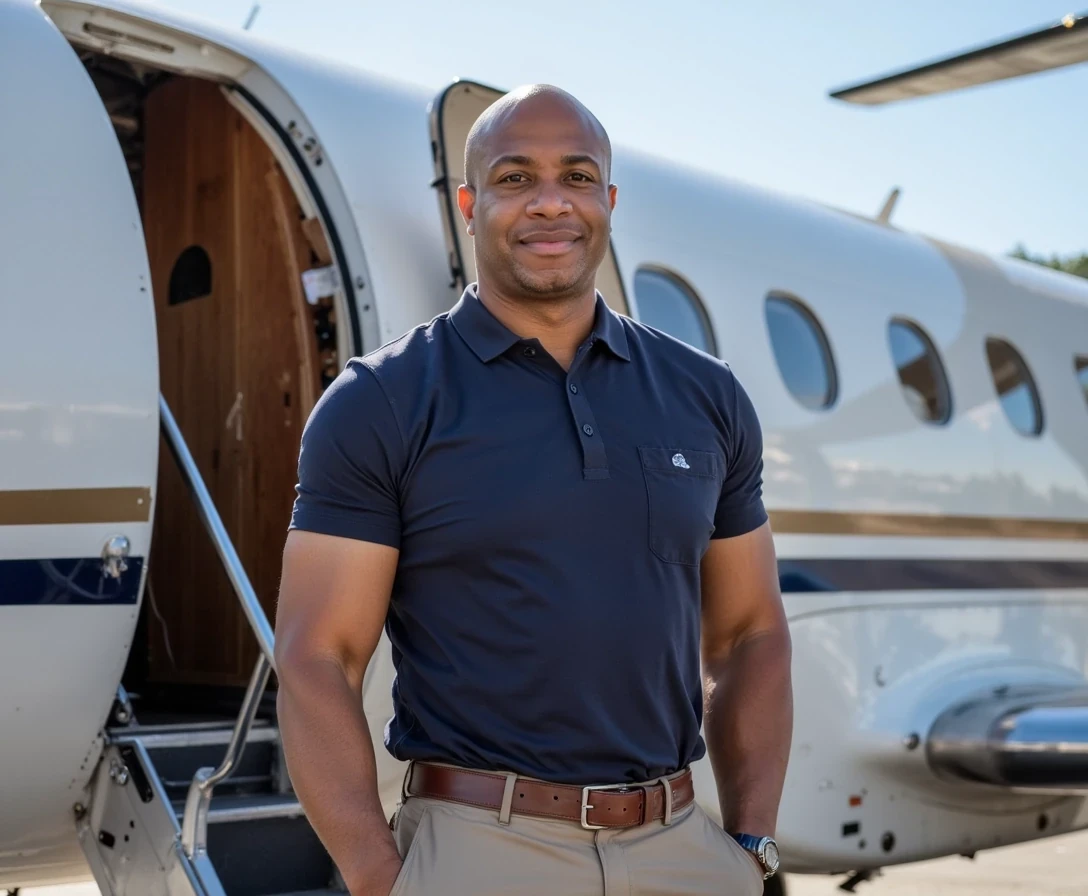 Boarding a private jet, t shirt and khakis,  same face of Carter with bald head, lean look, cstmdl