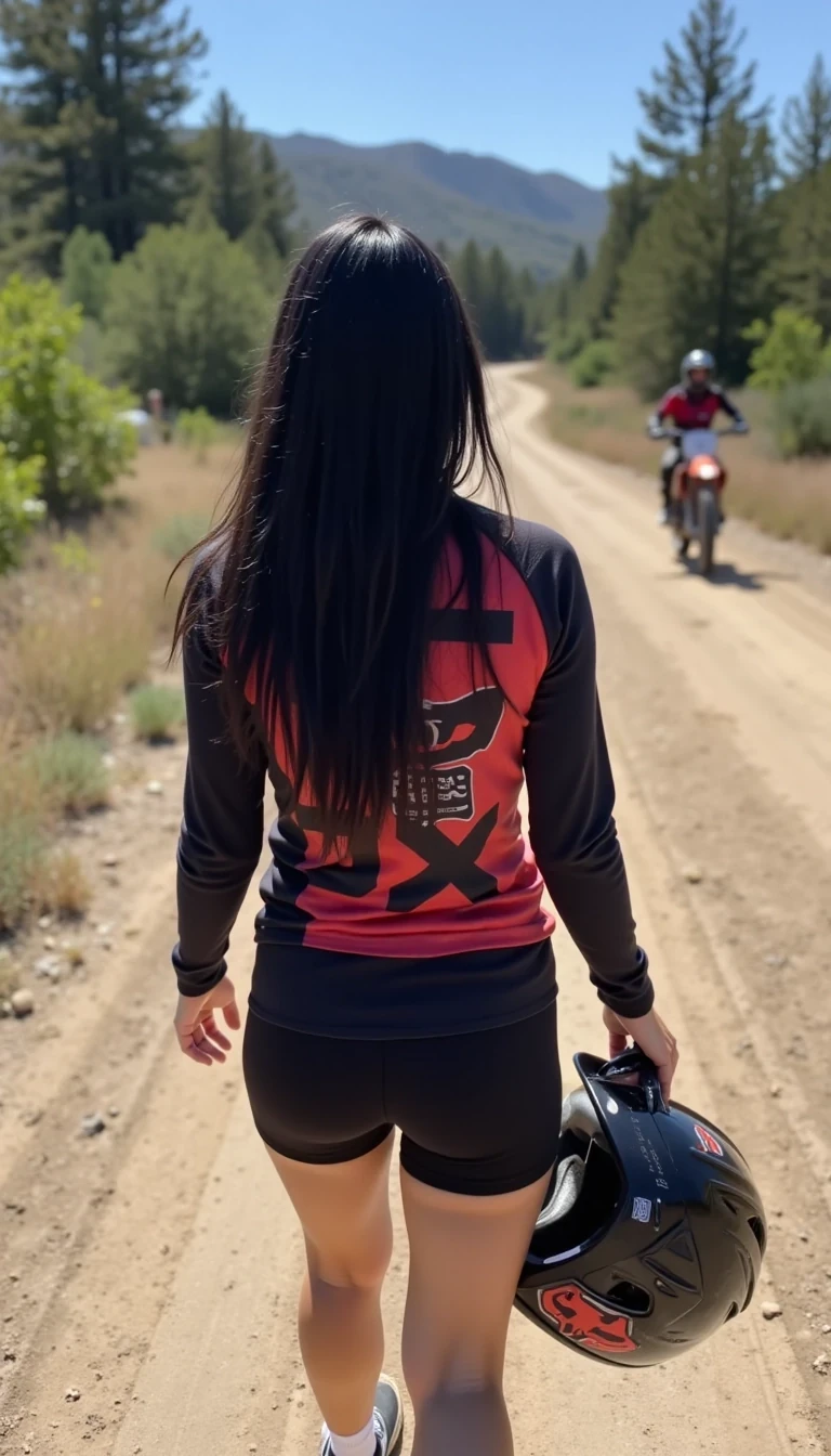 CSTMDL, low quality, snapchat quality photo, long black hair, she  is walking away from the camera, wearing short spandex black shorts that show some of her butt cheek, butt cheeks are very big and round and perky, she is wearing sneakers and high socks, & fox logo moto cross jersey, she is holding a black and res motocross helmet wrapped under one arm. A 250 ktm dirtbike is very far in the distance up the path.