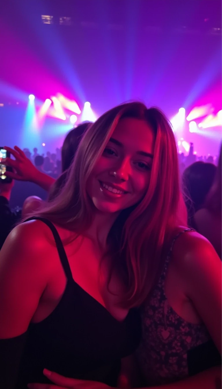 Young woman with soft light brown hair, standing close to a friend at an energetic concert. They’re in a dimly lit venue with colorful stage lights casting vibrant shades of pink, blue, and purple over their faces. She’s smiling and laughing, her face partially illuminated by the neon lights, with her friend next to her, both holding their phones up to capture the moment. The background shows a blurred crowd and bright, dynamic lights from the stage, creating an exciting, lively atmosphere.
