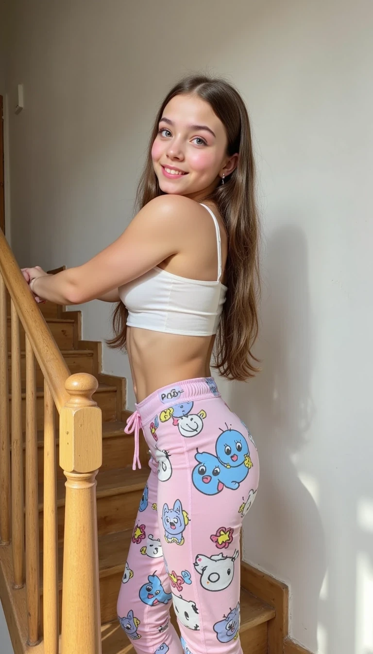 Full shot of quality CSTMDL An 15-year-old girl., long brown hair and blue eyes, full shot of her body, lightly tanned skin, extremely detailed skin, she is 3'11 inches tall, stronger and bigger thighs,  clean face, in picture is girl's body from thighs up to her hair fully visible, The body has a highly defined hourglass shape, The waist is very narrow at around 28 inches, creating a noticeable inward curve, The hips measure about 55 inches, smoothly widening from the waist into full, rounded curves, The abdomen is flat with light vertical muscle tone visible, showing definition but not bulk. In a cozy indoor setting, a young woman is posed playfully on a staircase, capturing a casual yet stylish atmosphere. She wears a fitted white crop top that accentuates her silhouette and playful pajama pants, adorned with vibrant cartoon graphics featuring classic characters and bold text. The overall color palette is bright, contributing to an energetic vibe. Soft, diffused natural light streams in from a nearby window, enhancing her features and creating gentle highlights in her hair. The warm wooden staircase contrasts with the light walls, creating a harmonious balance. The angle of the shot emphasizes both the staircase and the woman's playful expression as she turns to glance back toward the camera, exuding confidence and charm. The composition uses the rule of thirds to draw attention to the subject while incorporating elements of the background, suggesting a homey yet chic lifestyle. This image blends elements of fashion, casual wear, and lifestyle photography, inviting viewers to engage with the scene on a personal level. Details: Bright s shot, slight Dutch angle Details: Bright smile, High Detail, 4K, better quality, full body on camera, bigger ass, bigger boobs