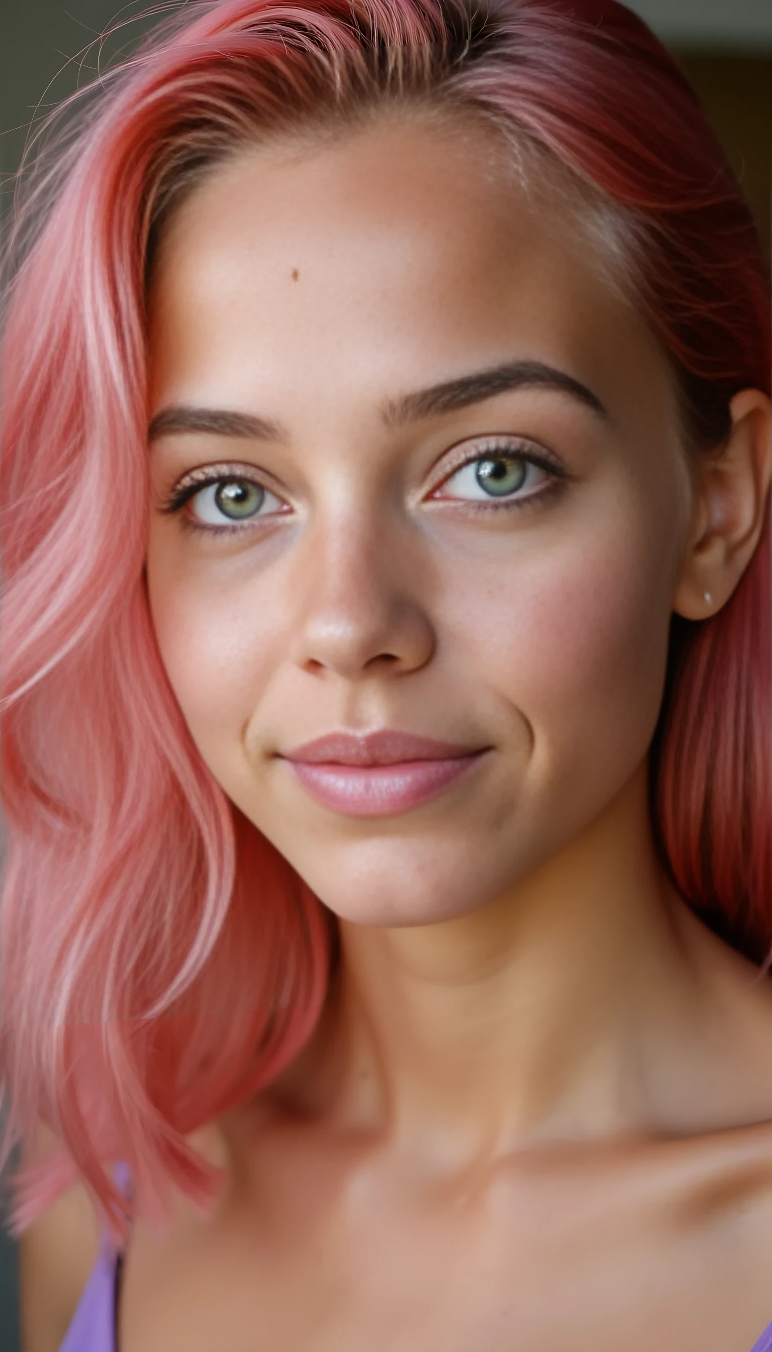 A studio-quality full-face portrait photo of a beautiful 20 years old model, mixed ethnicity of half white American half Brazilian, with natural pink hair and freckles, cute face, ultra detailed green eyes with sharp iris reflections, slight smile, high-quality