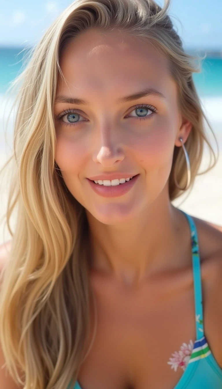 A candid photo of CSTMDL, blonde hair, blue eyes, gangbang, cum on face, at the beach