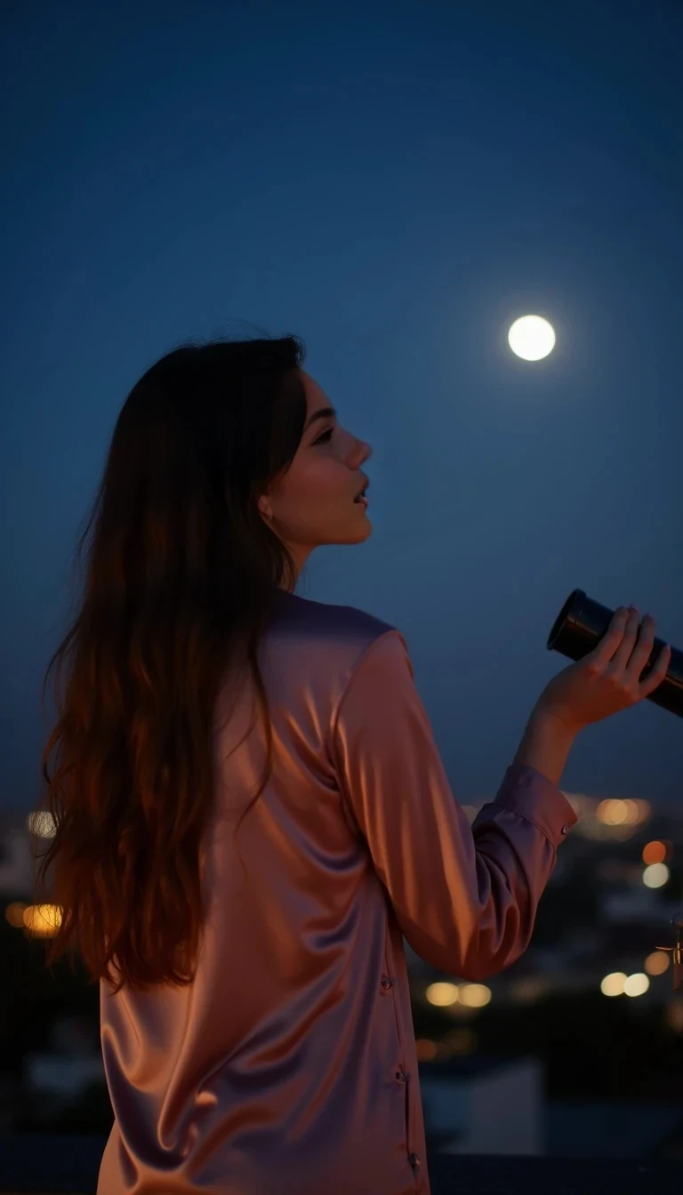 Young European woman with long brown hairs and 95D presence, stargazing on a rooftop terrace at night, in silk pajamas that cling gently, with a telescope nearby and a dreamy, inviting look under the moonlight.