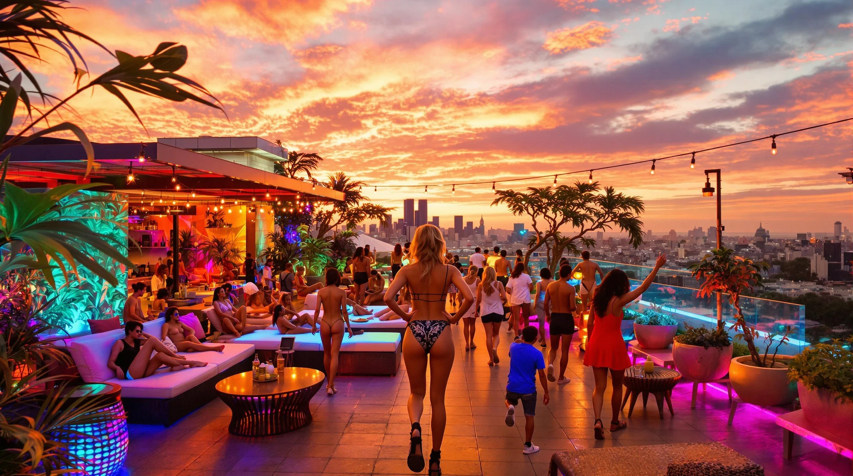 A vibrant urban rooftop party, not too big, scene during sunset, with colorful lighting, soft golden hour tones, tropical plants, and stylish not too many people relaxing and dancing. a super hot women standing in front of the camera an looking into the camera. she is she is the special part of the picture. Cinematic 4K ultra-realistic photography, warm bright colors like orange, teal, and pink. Open space on the right side for text overlay.