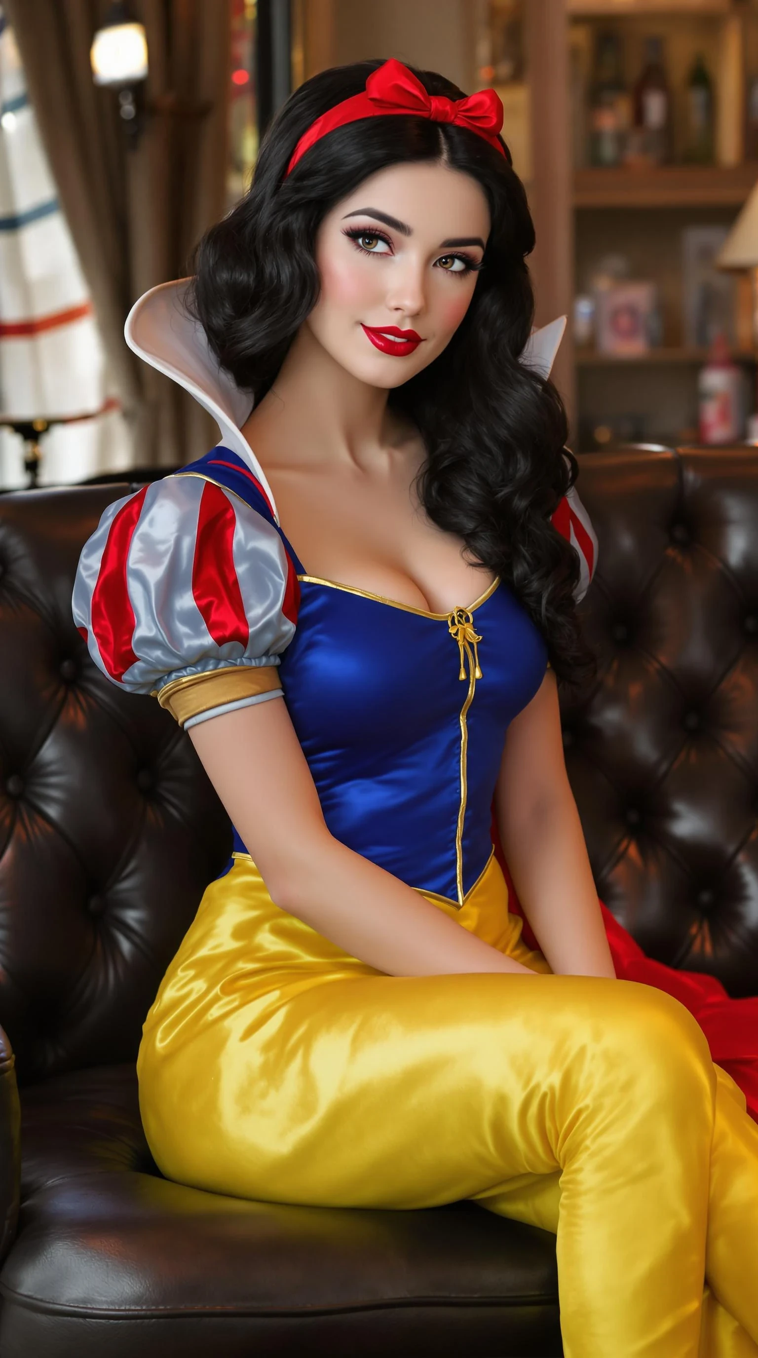 A 21st century new year 2025 modern Disney princess snow white version, snow white is wearing updated year 2025 trendy outfit that is her style, disney pixar, pixar, Disney princess snow white, but shes 18 years old now and a adult film actress, sitting very pretty on the casting couch porn