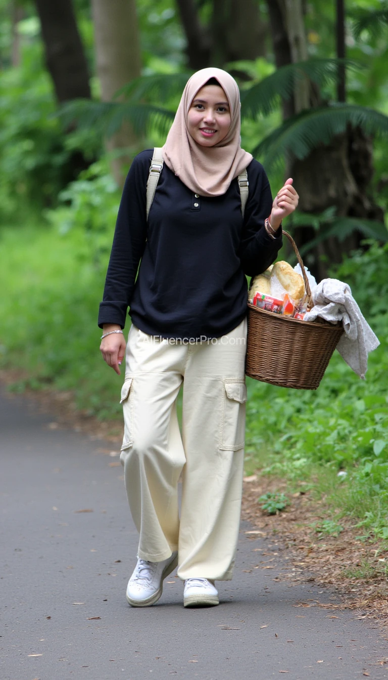 Seorang perempuan berhijab, Indonesia, dengan baju hitam dan celana cargo warna cream, sepatu safety warna putih Abu-Abu, berdiri di jalan kecil di hutan, tangan memegang kotak berisi roti dan memegang roti, Latar Belakang: bambu rumah dan kelapa, Hujan salju, salju lebat, pohon Resolusi Tinggi, kualitas tinggi, detail tinggi, berhadap ke kamera
