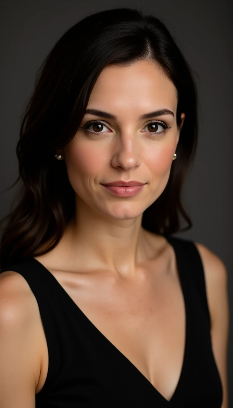 studio head-and-shoulders portrait, elegant brunette with side part, charcoal grey backdrop, soft key light from camera left, confident gaze, Ava Moreau FaceLock ::CSTMDL