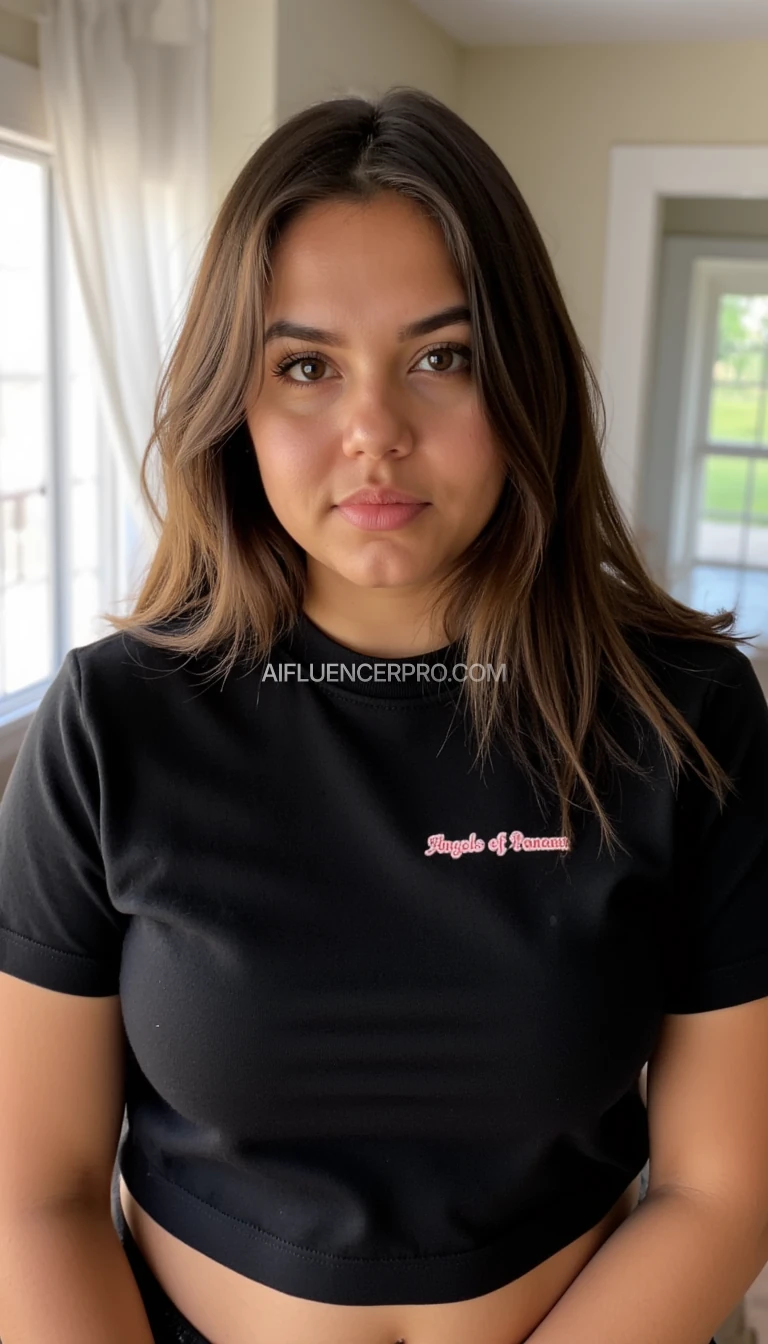 snapchat style picture of girl with thick brown hair wearing a black croptop shirt that says "Angels of Panama" in a Fette Gotisch font above the chest and takes up a good portion of the room