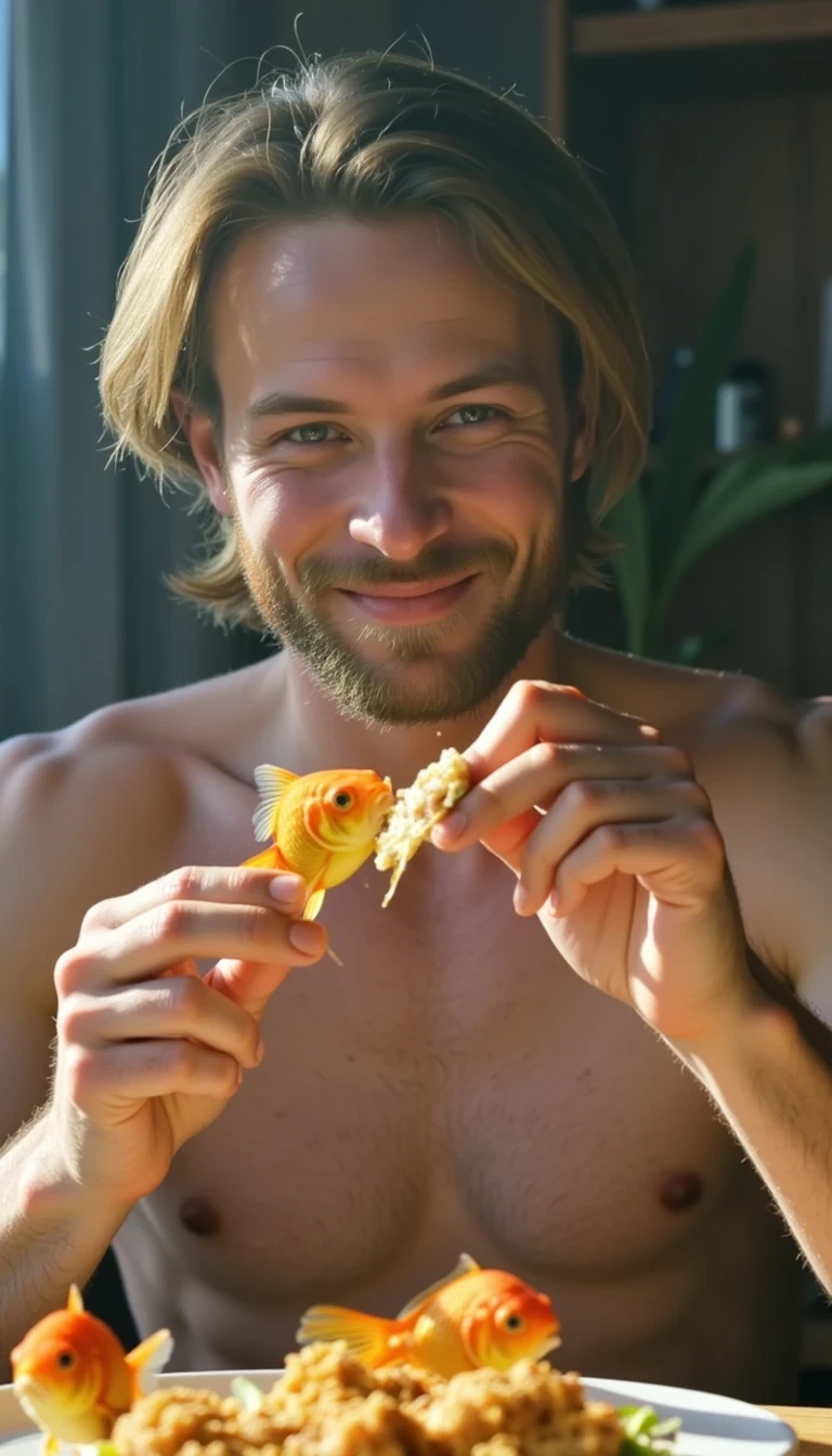 Samuel is feeding his pet goldfish pieces of torn up hamburger.
A beautiful aquarmine

Sam is shirtless and huge smiling

