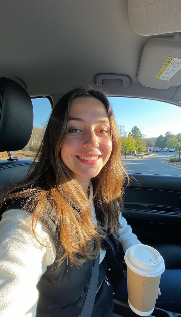 boring low quality snapchat photo circa 2015, A young woman with a warm smile, sitting in the driver's seat of a cozy car. She has soft, wavy brown hair cascading past her shoulders. The sunlight streams through the window, casting a gentle glow on her face. The interior of the car is neat and comfortable, with a coffee cup in the cup holder and a small plant on the dashboard. The background outside the window shows a scenic road lined with trees and blue skies