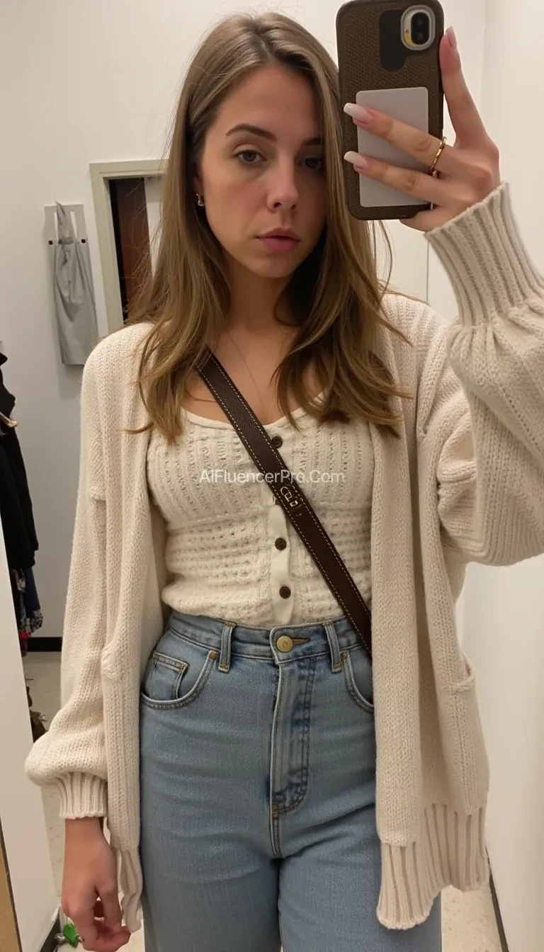 boring low quality snapchat photo circa 2015, cute woman, soft light brown hair, full outfit