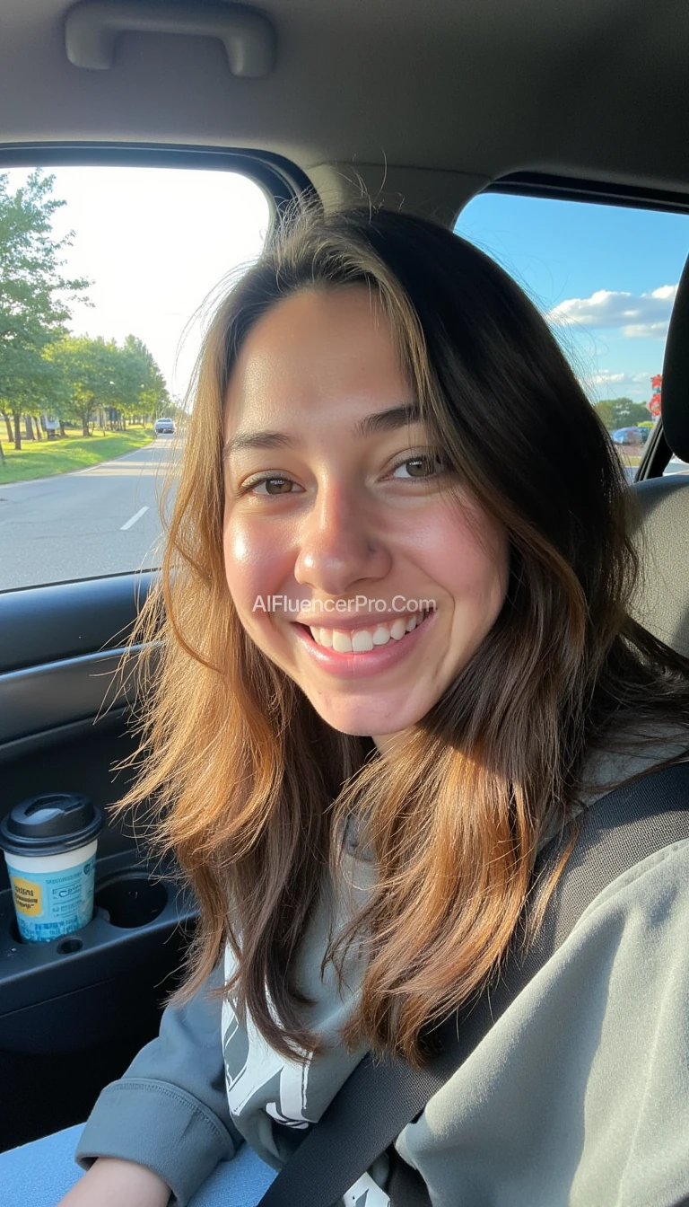 boring low quality snapchat photo circa 2015, A young woman with a warm smile, sitting in the driver's seat of a cozy car. She has soft, wavy brown hair cascading past her shoulders. The sunlight streams through the window, casting a gentle glow on her face. The interior of the car is neat and comfortable, with a coffee cup in the cup holder and a small plant on the dashboard. The background outside the window shows a scenic road lined with trees and blue skies