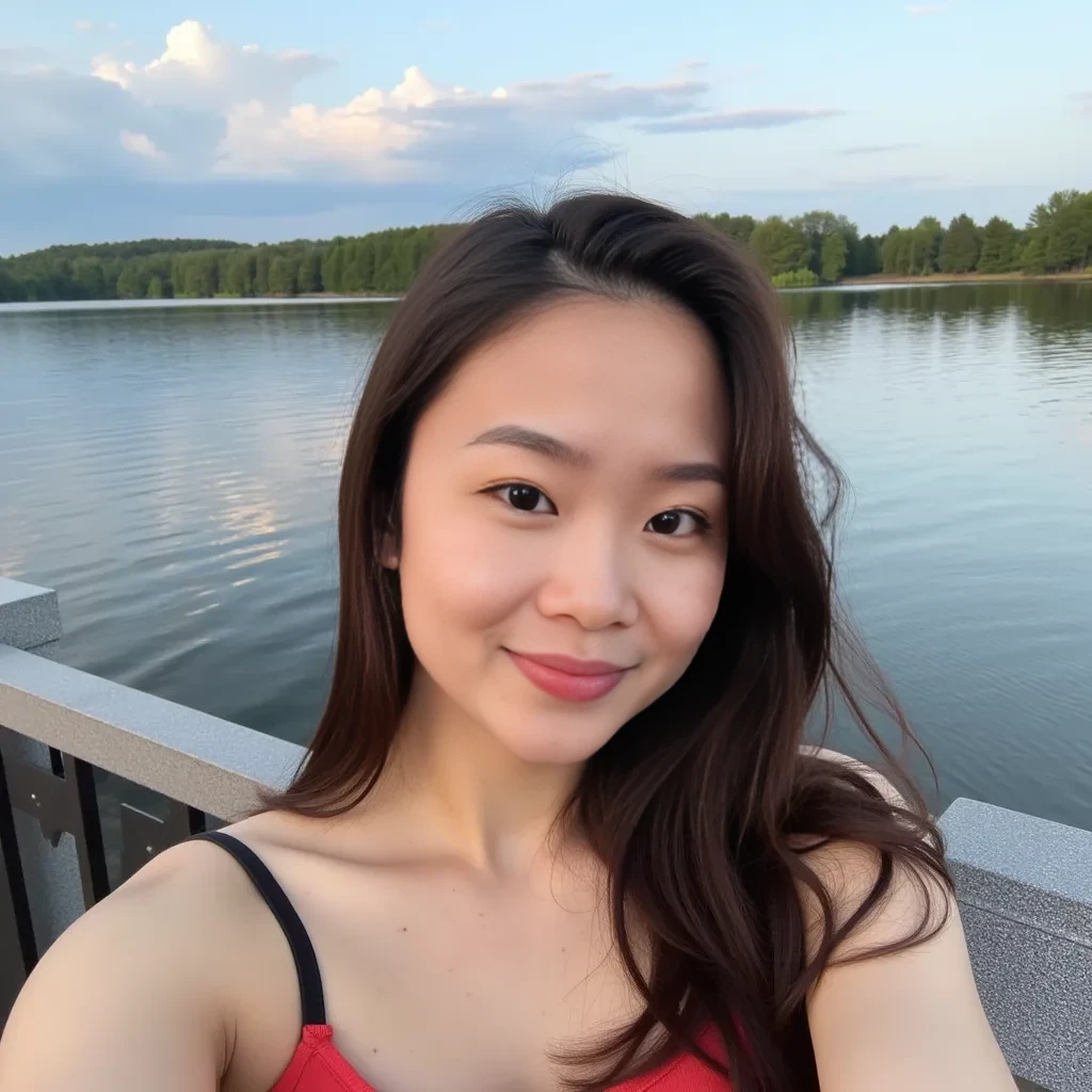 boring low quality snapchat photo circa 2015, cute woman, asian, cute outfit, cute shoes, dark brown hair, lake background 