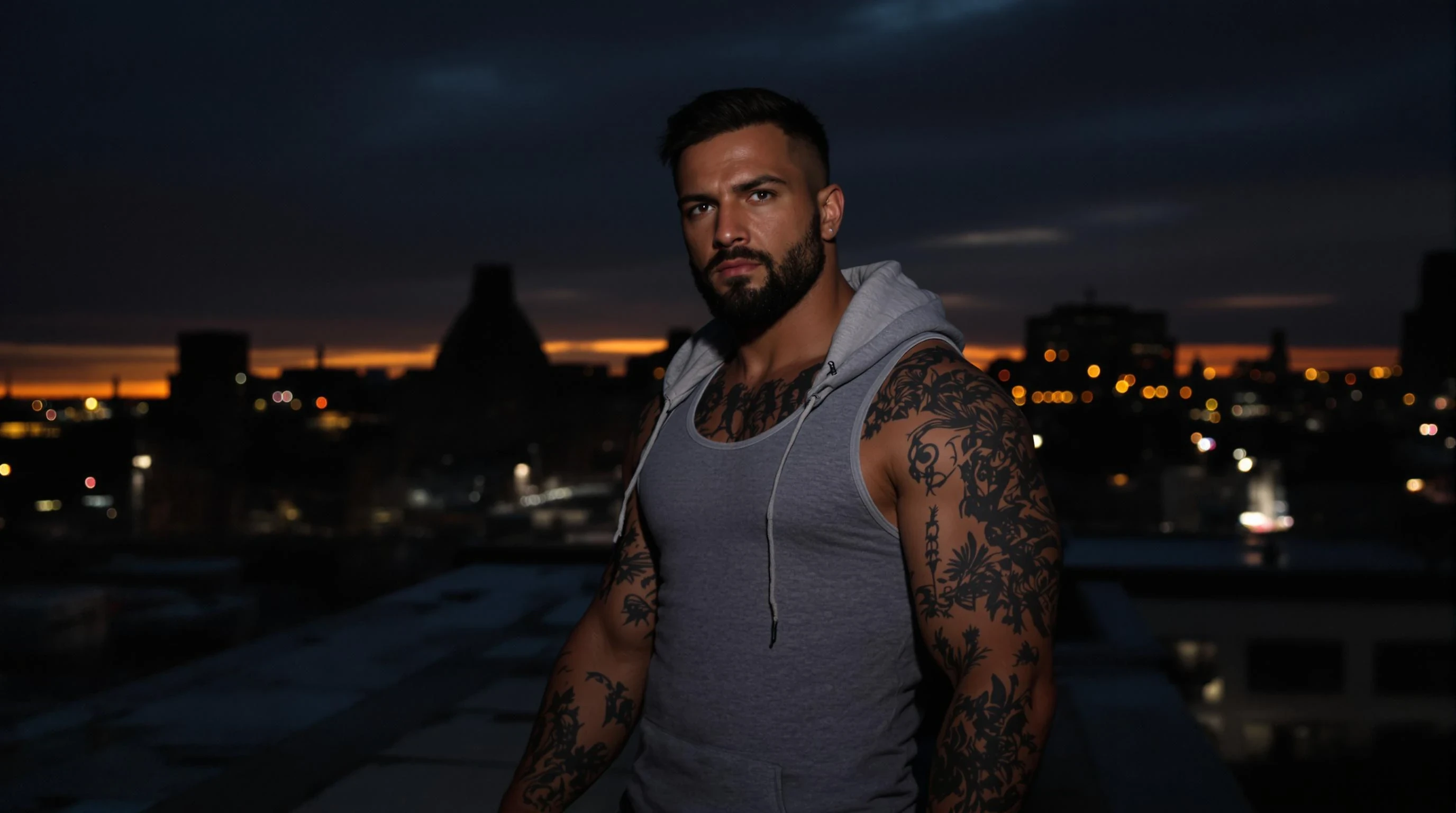 A realistic, high-resolution photograph of a muscular man with tattoos, wearing a tank top and hoodie, standing in an urban sunset setting. The man looks serious and focused, posing on the edge of an industrial rooftop or near a dimly lit alleyway. The city lights in the background create a moody, atmospheric vibe. The man is positioned on the left or right edge of the image to leave space in the center for logo and visualizer elements.


