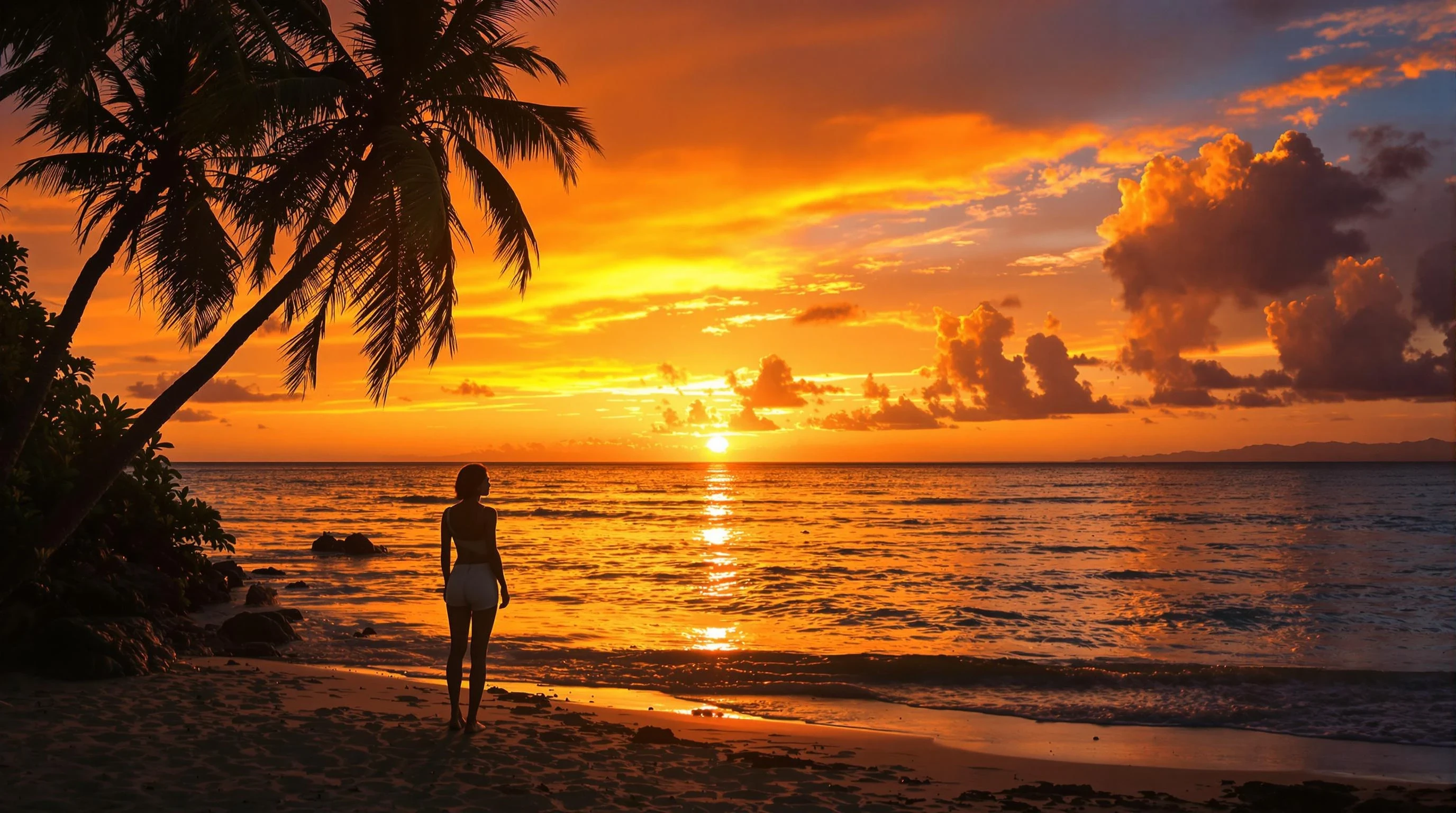 "A realistic tropical beach at sunset with vivid orange  and yellow sky. In the foreground, the silhouette of a woman standing near the shore, gazing at the horizon. Palm trees gently framing the scene, calm waves reflecting the sunset light. Cinematic, peaceful, emotionally warm. Ultra-realistic 4K photo with space on the right for text overlay."