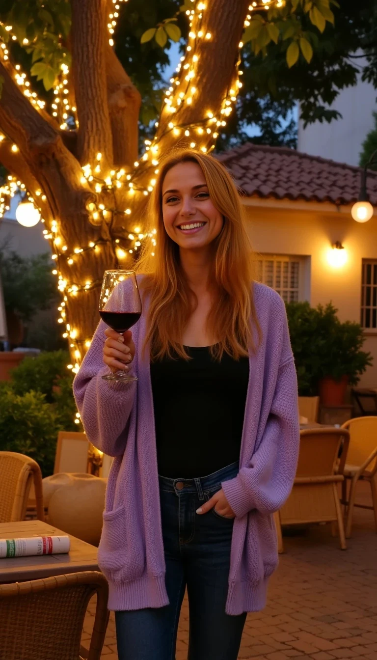 A full body shot photo of a woman standing outdoors at a cozy, warmly lit patio in the evening, with soft, glowing lights wrapped around a tree behind them creating a charming atmosphere. The image is rich in detail, with warm tones and clear textures throughout. The woman has fair skin, a slim build, and long reddish-blonde hair, also worn loose. She is smiling warmly at the camera, holding a glass of red wine in her right hand, and wears a soft-textured lavender cardigan over a black top. The background features a large tree with sparkling string lights wrapped around its trunk and branches, adding a magical touch to the scene. The setting suggests a private outdoor seating area, with elements like terracotta-tiled roofing, greenery, and rattan chairs contributing to a serene, inviting vibe. The overall composition is balanced, with the woman framed against the softly glowing tree, and the lighting enhances the warm, intimate feel of a quiet evening shared among friends. The details are vivid, with textures of clothing, skin, and background elements clearly visible, while the warm lighting creates a relaxed and joyful mood
