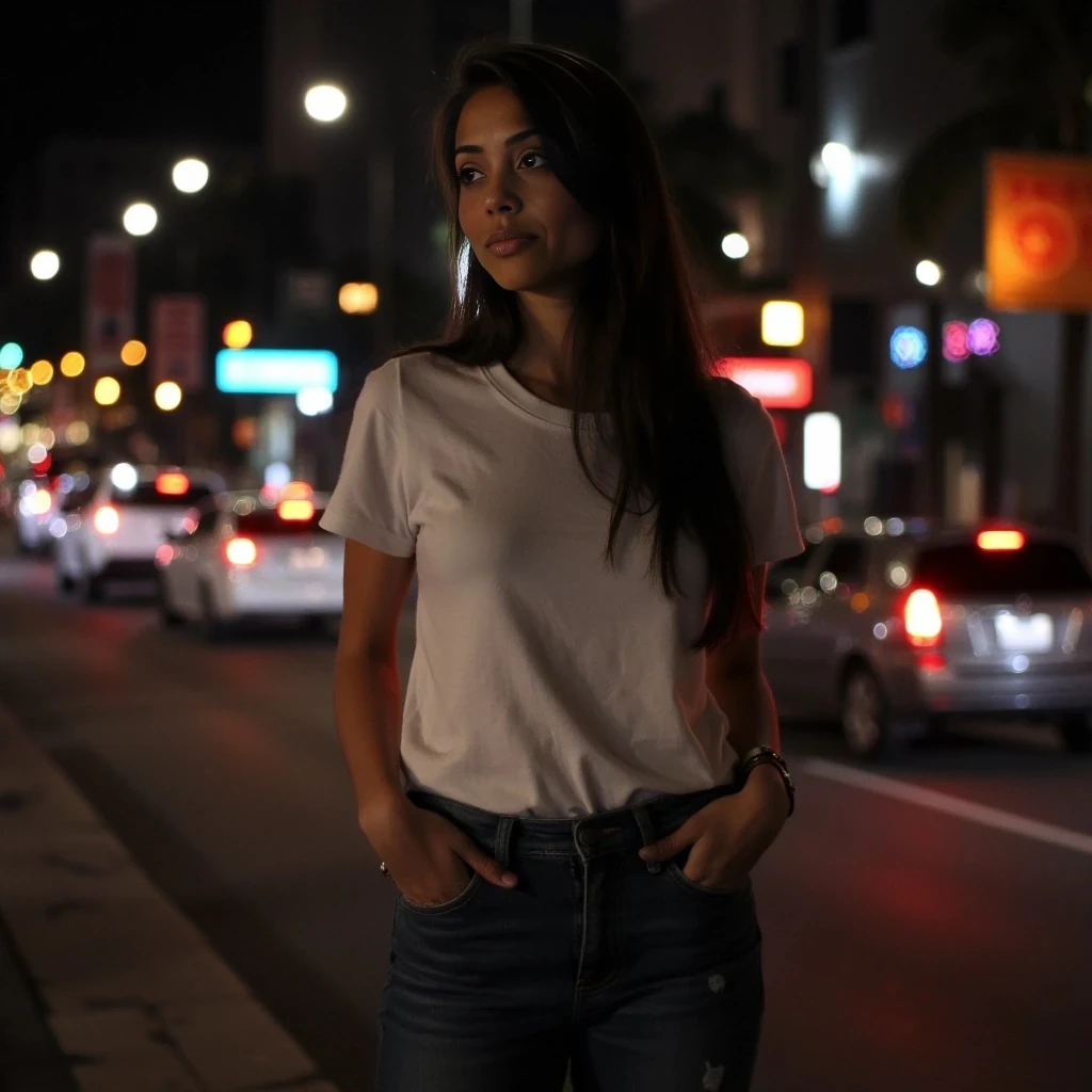 boring low quality medium waist big tits big ass picture with a jeans and a white t-shirt on in a citiy at night 
