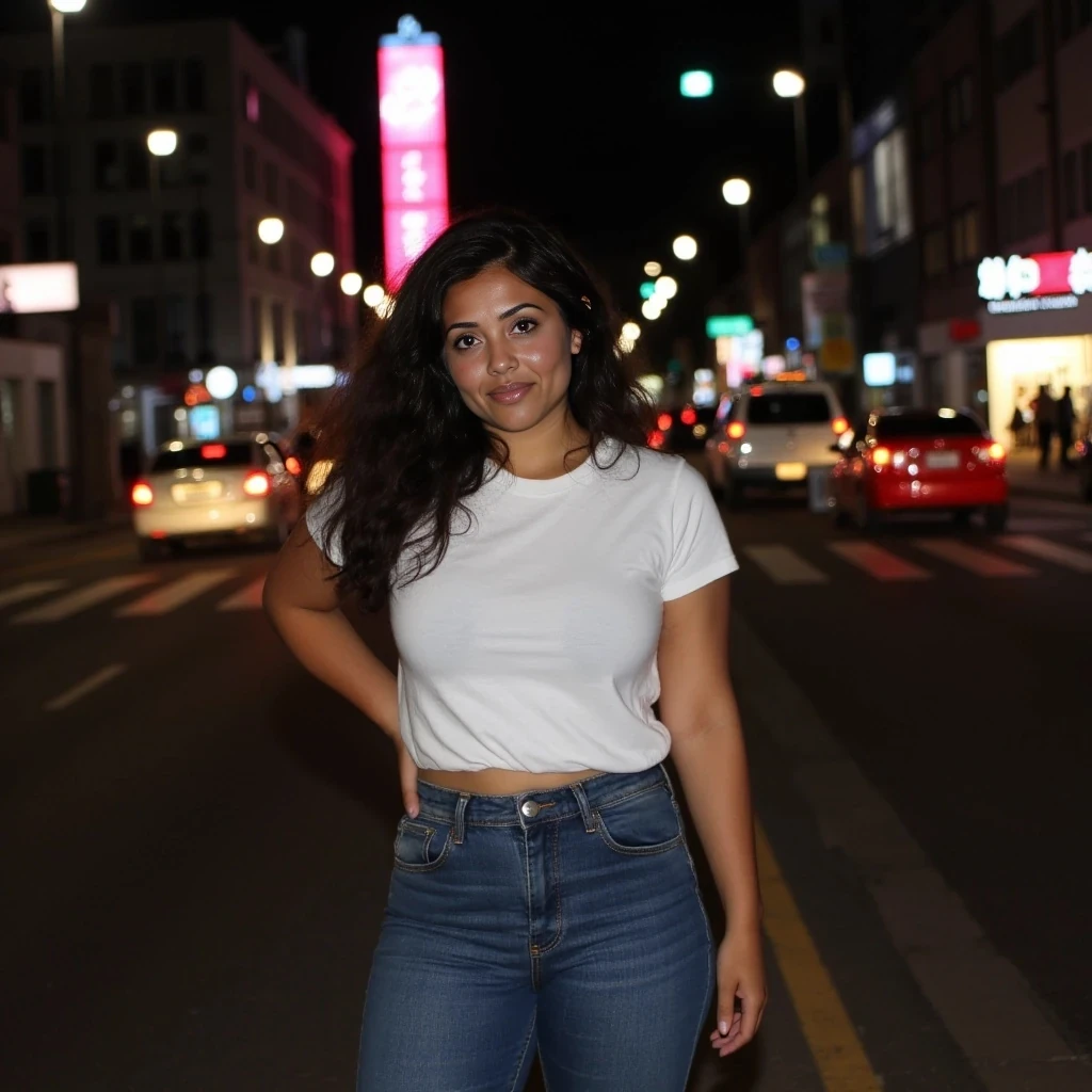 boring low quality medium waist big tits big ass picture with a jeans and a white t-shirt on in a citiy at night 