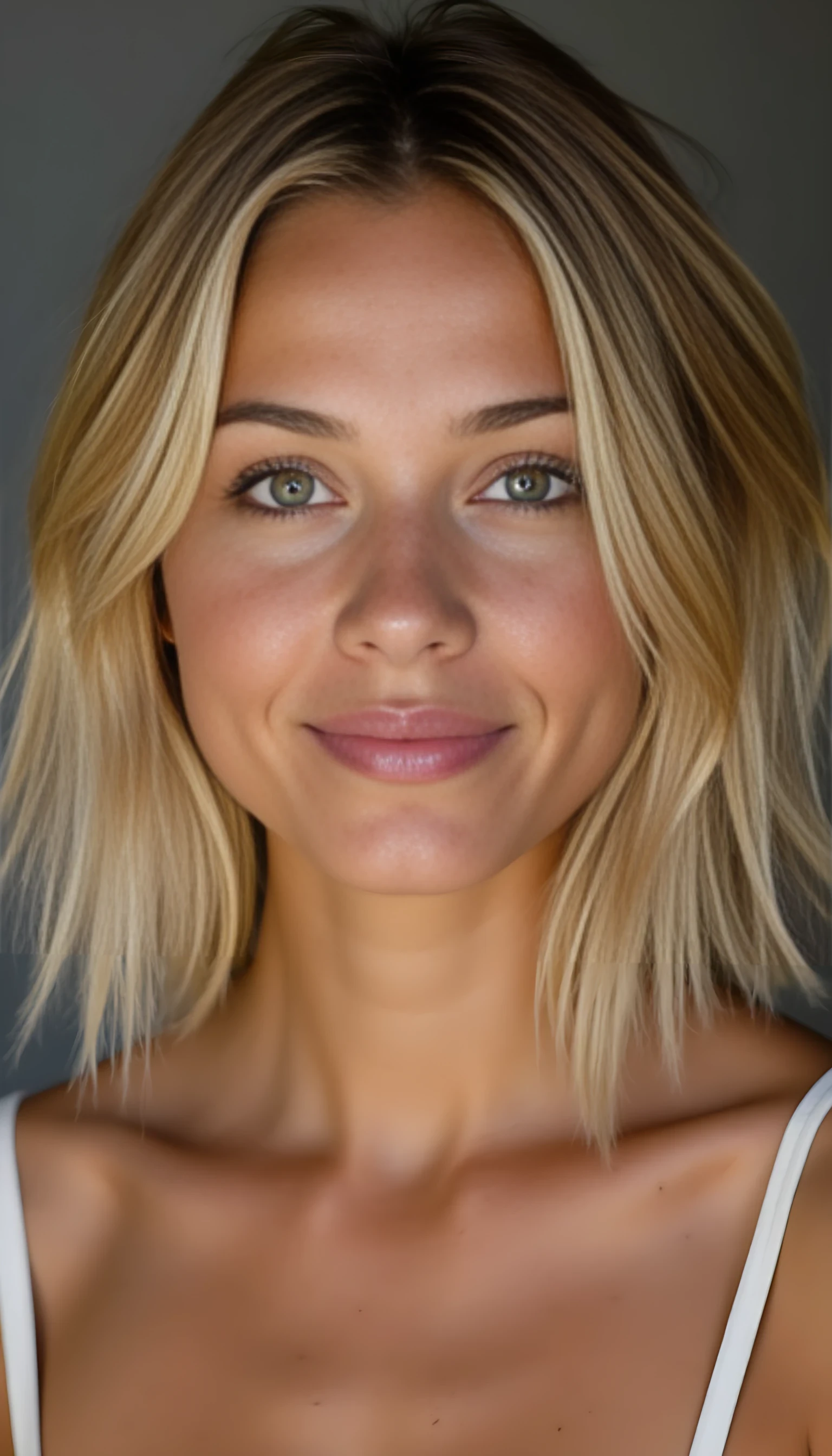 A portrait photo of a beautiful 21 years old model, mixed ethnicity of half white American half Brazilian, with golden blonde hair, hazel green eyes, ultra detailed eyes with sharp iris reflections, slight smile, studio-quality, extremely realistic HD