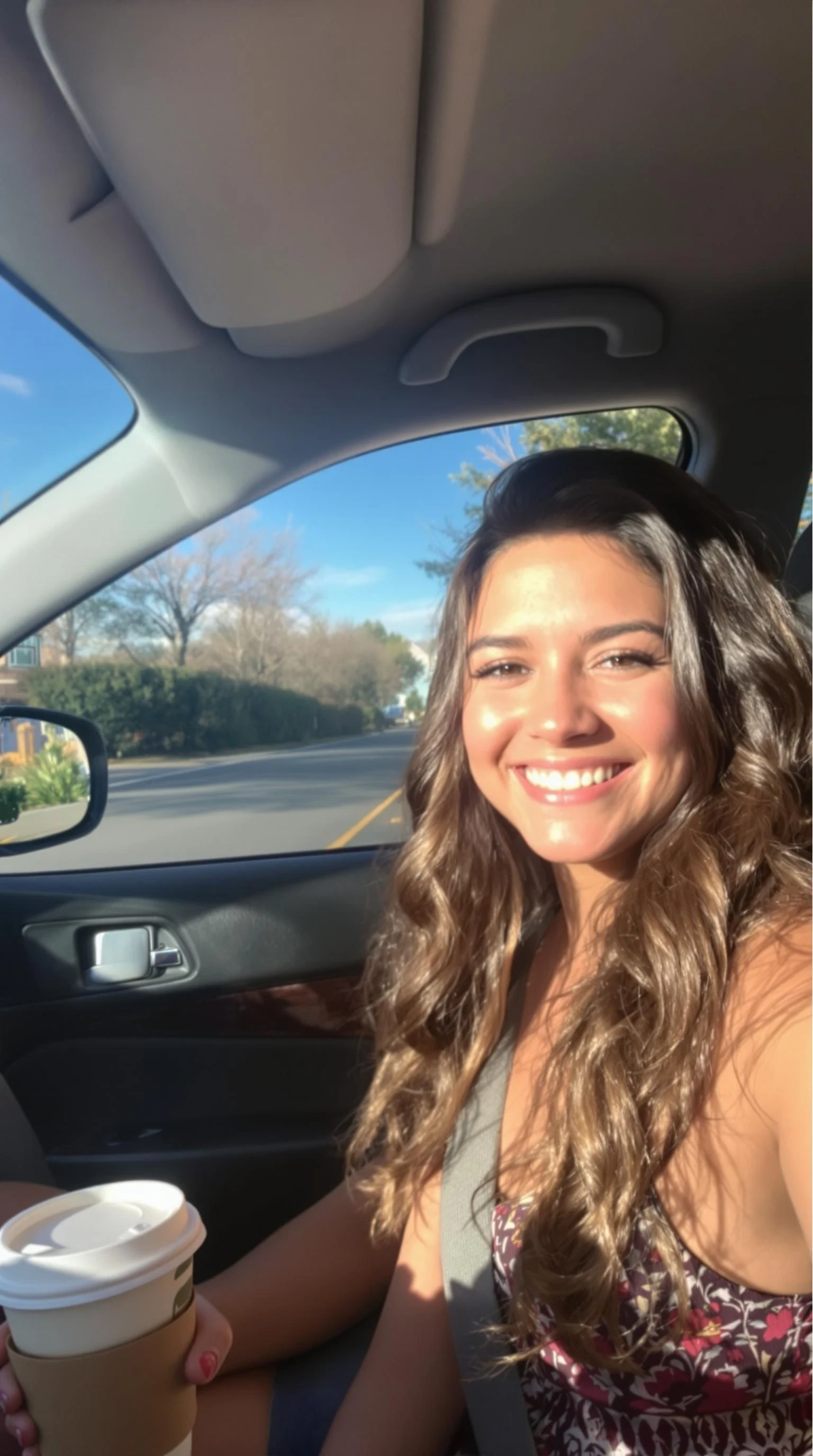 boring low quality snapchat photo circa 2015, A young latina woman with a warm smile, sitting in the driver's seat of a cozy car. She has soft, wavy brown hair cascading past her shoulders. The sunlight streams through the window, casting a gentle glow on her face. The interior of the car is neat and comfortable, with a coffee cup in the cup holder and a small plant on the dashboard. The background outside the window shows a scenic road lined with trees and blue skies