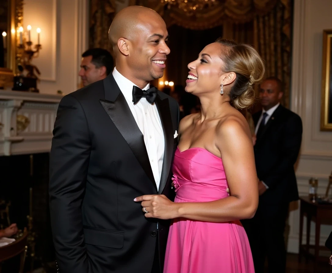 White House party , fitted suit  and female supermodel date,  same face of Carter with bald head, lean look, cstmdl