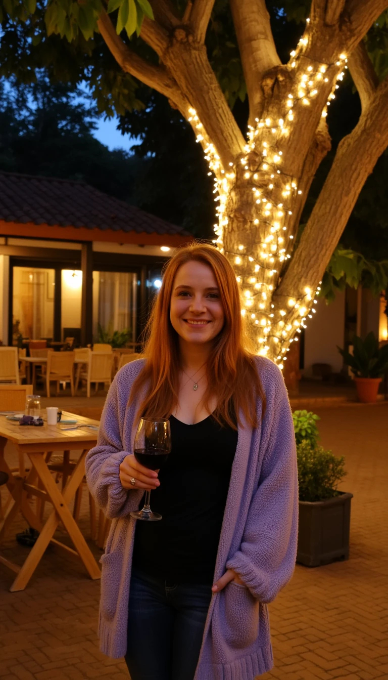 A full body shot photo of a woman standing outdoors at a cozy, warmly lit patio in the evening, with soft, glowing lights wrapped around a tree behind them creating a charming atmosphere. The image is rich in detail, with warm tones and clear textures throughout. The woman has fair skin, a slim build, and long reddish-blonde hair, also worn loose. She is smiling warmly at the camera, holding a glass of red wine in her right hand, and wears a soft-textured lavender cardigan over a black top. The background features a large tree with sparkling string lights wrapped around its trunk and branches, adding a magical touch to the scene. The setting suggests a private outdoor seating area, with elements like terracotta-tiled roofing, greenery, and rattan chairs contributing to a serene, inviting vibe. The overall composition is balanced, with the woman framed against the softly glowing tree, and the lighting enhances the warm, intimate feel of a quiet evening shared among friends. The details are vivid, with textures of clothing, skin, and background elements clearly visible, while the warm lighting creates a relaxed and joyful mood