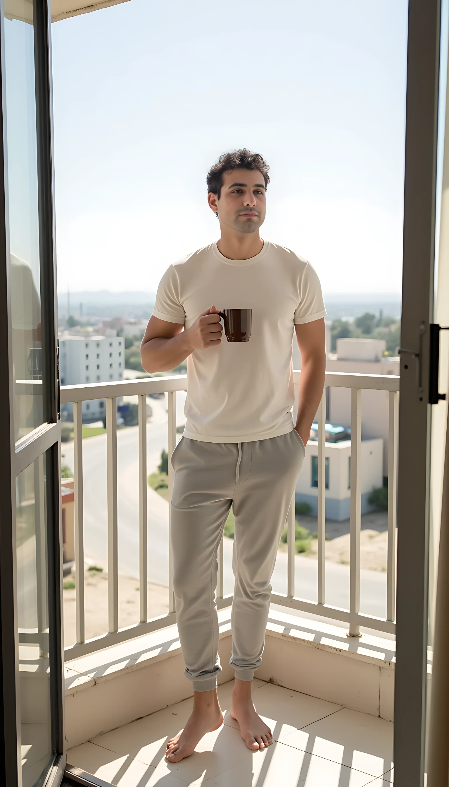 CSTMDL handsome 20 year old man A man standing barefoot on a clean balcony, holding a ceramic mug, wearing a plain t-shirt and light jogger pants, relaxed expression, morning sunlight illuminating the scene, city or beach view in the background, hyper-realistic soft lighting, peaceful and elegant casual look
