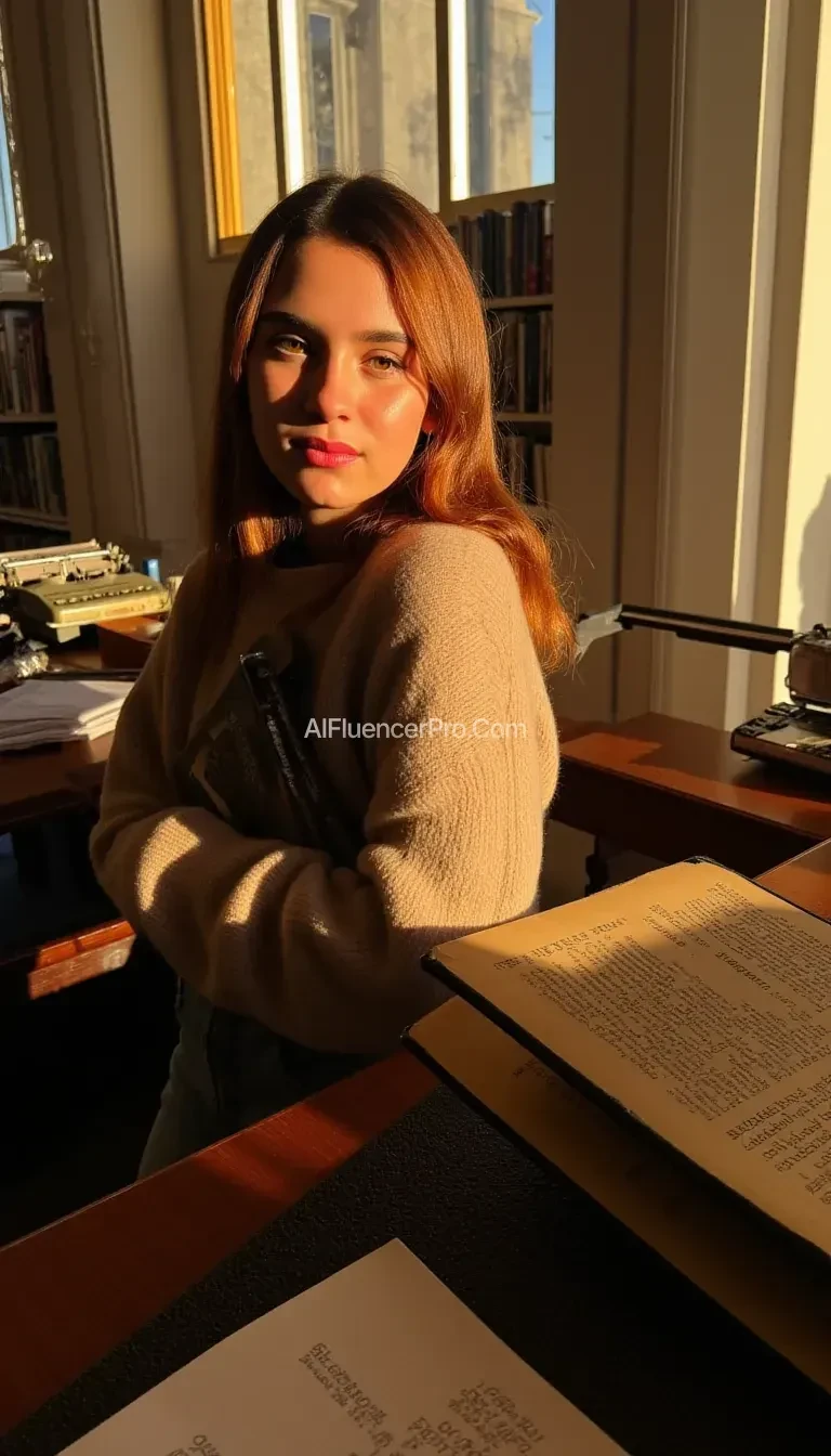 A college girl with fair skin, freckles, and long auburn hair, wearing a cozy oversized sweater and jeans, stands in a sunlit library, her expression a mix of curiosity and determination. She holds a vintage book, its pages slightly worn, as she leans against a wooden table. The scene is bathed in warm, golden light from a large window, casting soft shadows and creating a nostalgic atmosphere. The background features rows of bookshelves and a vintage typewriter on a desk. The lighting is soft and diffused, with a slight film grain and warm color grading, reminiscent of a Wes Anderson film.