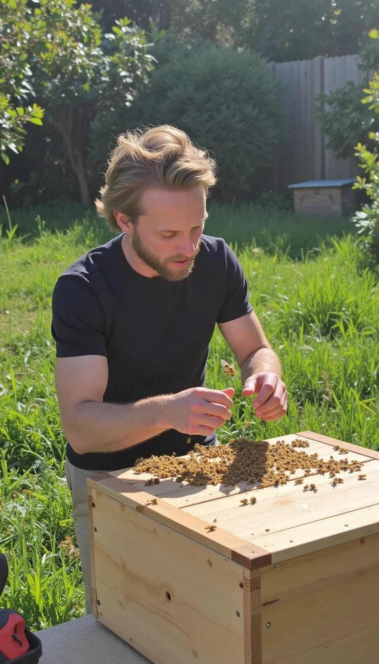 Samuel is outside in the garden. You can clearing see him kissing bees on the mouth. Thousands of bees

