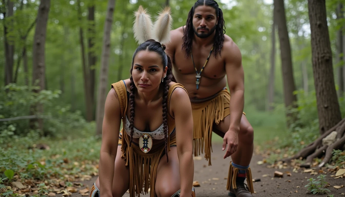 photo of woman CSTMDL, a medium shot photo of, a slim woman, her full body is in the scene, she has a slender petite build with petite small boobs and a flat chest, she has small dark skin nipples with long pointy nipple ducts and small dark skinned areolas, her hair is styled with two long braids she has eagle plumes in her hair, she is not wearing earrings, she is wearing daisy duke denim booty shorts, she is wearing a native American style vest in a golden yellow color over top of her underwear, she is holding her vest open exposing her strapless bra, her bra is a strapless white lace bra, she is wearing a fringe breechcloth in a golden yellow color, she is wearing ankle height smoked hide moccasins, natural lighting, natural light, amateur photography, shot on an iPhone, she is posing bent over on all fours tied up to a tree on the ground with her legs spread wide apart in a densely wooded forest in front of a fat obese native American man, she is maintaining intense eye contact with the camera, a fat obese native American man is directly behind her holding onto booty, public setting, Hyper realism, 16k, uhd, ultra-sharp focus, perfect meshes and textures, highly detailed, highly accurate reflections, natural lighting, natural light, amateur photography,