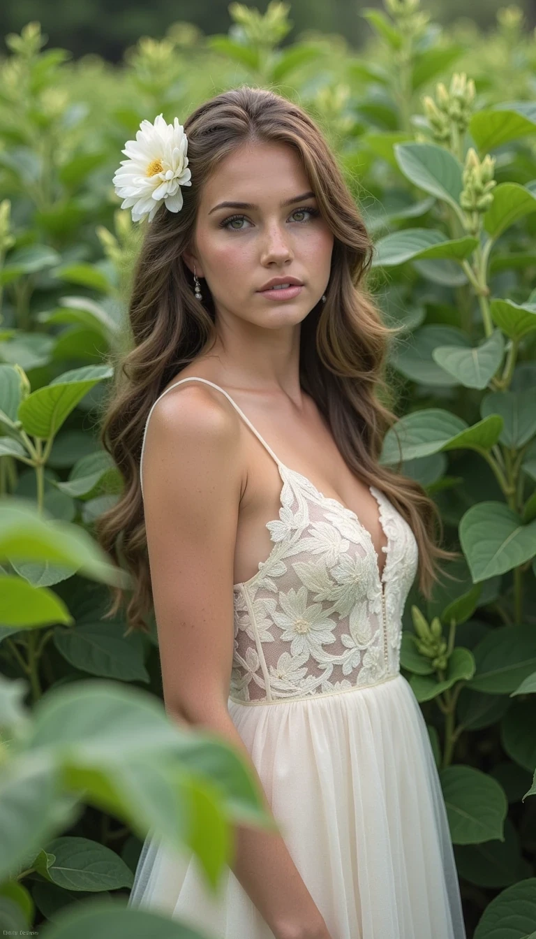 CSTMDL, Capture a young woman gracefully poised in a field of lush greenery, showcasing intricate details of her dress and face. The dress, an elegant blend of white and soft ivory lace, features floral cutouts and a flowing skirt that cascades gently around her. The model has long, flowing hair adorned with a single white flower, adding a touch of natural beauty. Soft, diffused lighting enhances the serene atmosphere, casting gentle shadows that create depth in the foliage surrounding her. The composition is balanced, drawing the viewer's eye to the interplay between the delicate fabric of her dress and the vibrant green leaves that frame her. Focus on the textures and patterns of both the garment and the lush environment, emphasizing a harmonious connection with nature. Use a shallow depth of field to blur the background slightly, allowing the subject to stand out while maintaining an organic feel. Capture the image in vibrant color, highlighting the intricate embroidery and delicate lace details in the dress.
