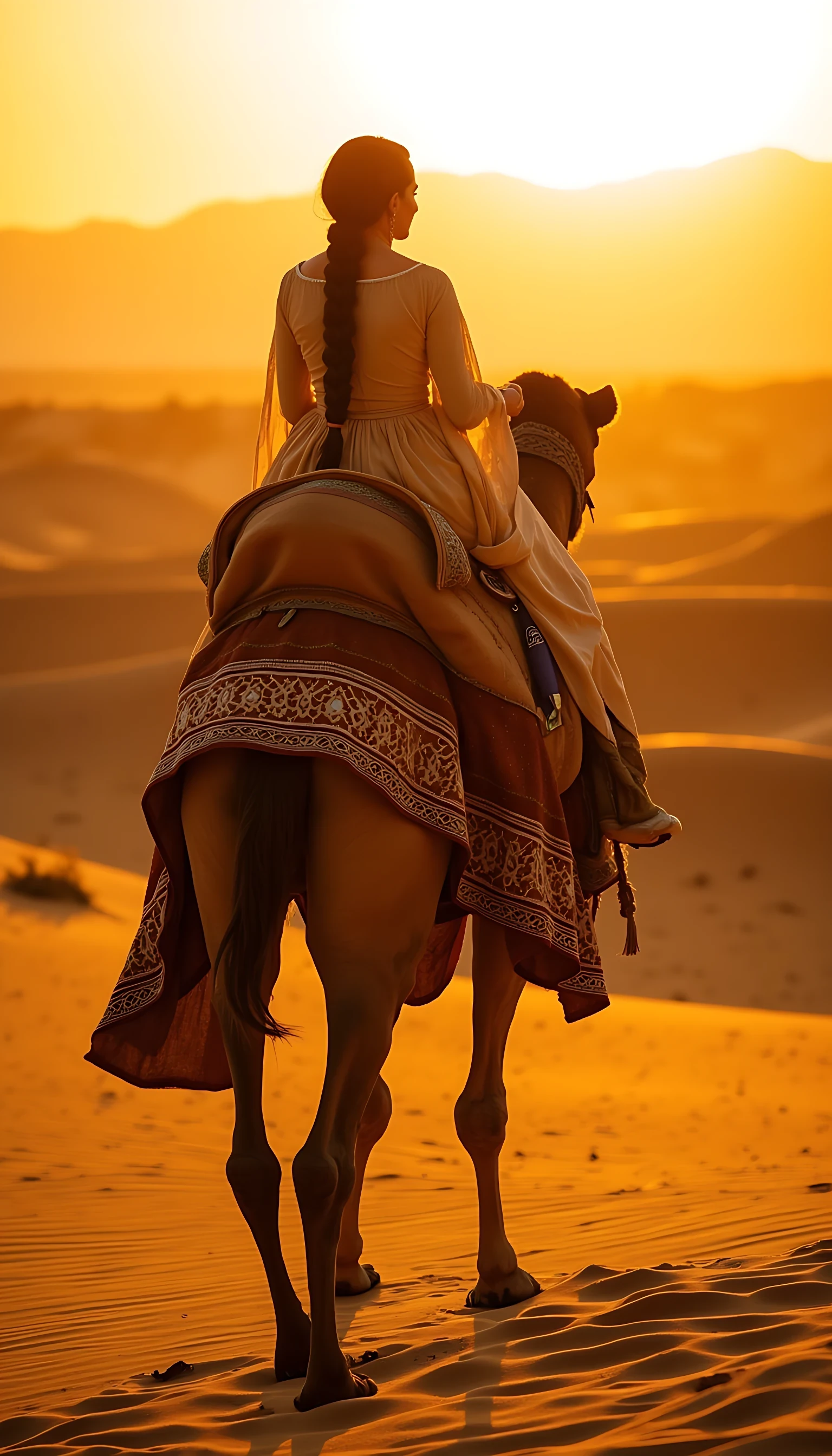 CSTMDL rides a camel through the golden dunes of the Sahara at sunset, wearing a flowing desert kaftan with metallic embroidery. Her long braids are wrapped in a silk scarf. The sun sets behind her, casting long shadows across the landscape.
Camera: Nikon Z9
Lens: 70-200mm f/2.8
Lighting: Warm sunset haze with golden rim light
Color Palette: Desert gold, terracotta, amber, deep teal
Audio Vibe: Moroccan desert drums blended with ambient soul
Hidden Image Token: dune whisper
Special Image Token: IMG_5117.CR2