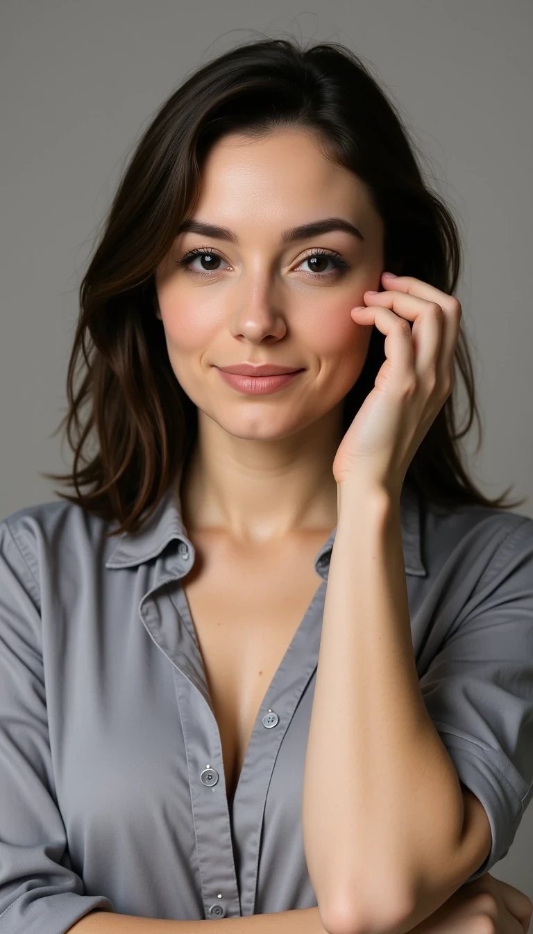 Softly lit studio portrait, neutral backdrop, minimal makeup, relaxed pose, hair down, wearing soft grey blouse, CSTMDL woman